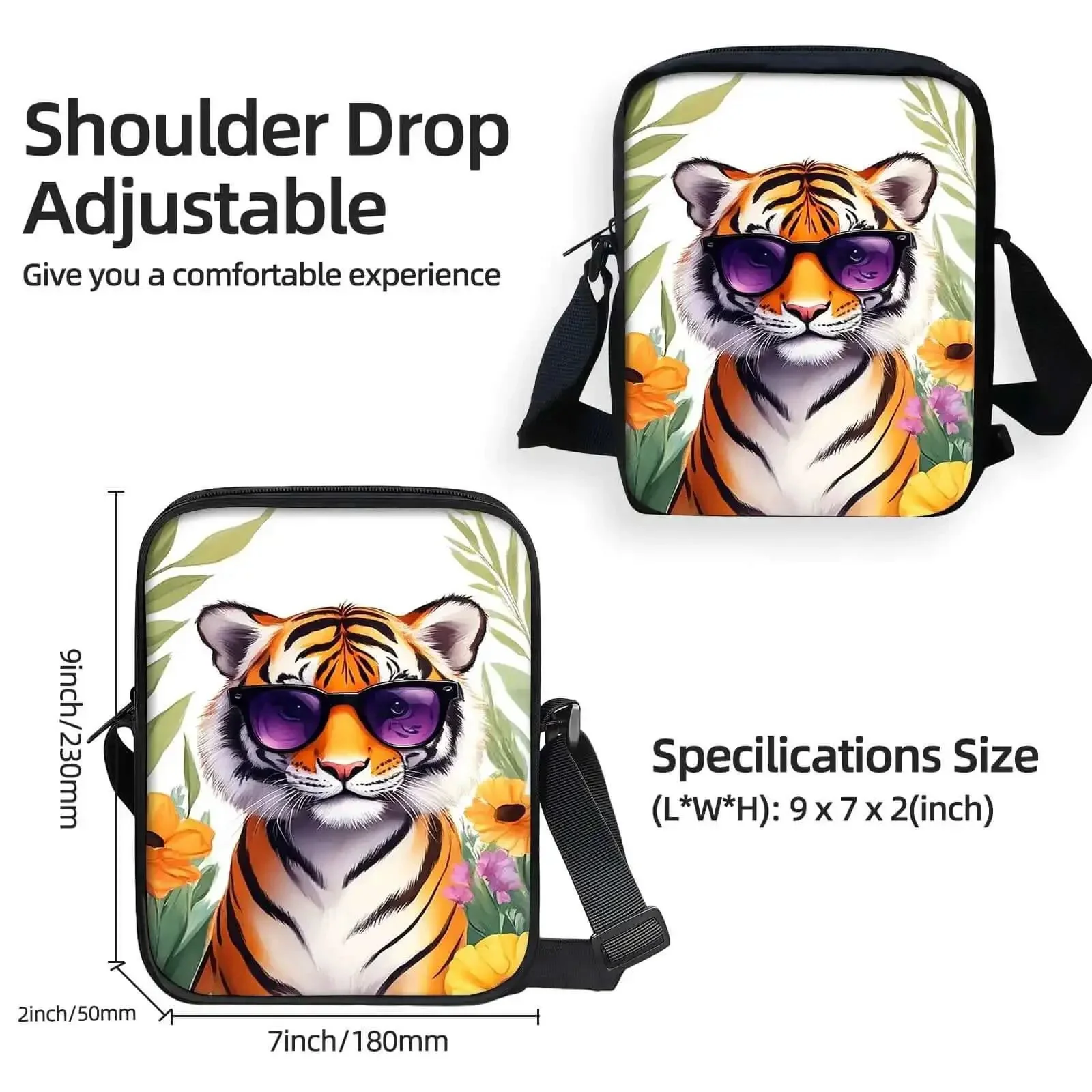 Hands Free Crossbody Sling Bag For Women And Men Ultra Lightweight Everyday Chest Pack With Adjustable Strap And Zipper Small Messenger Style Bag For Travel Work And Daily Use Tiger Print With Sunglasses - Image 5
