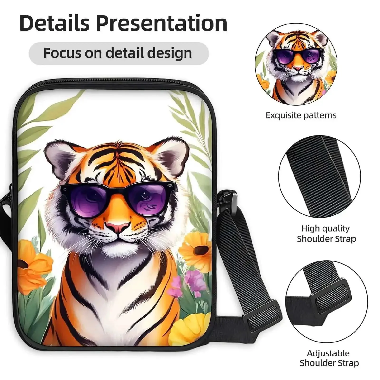 Hands Free Crossbody Sling Bag For Women And Men Ultra Lightweight Everyday Chest Pack With Adjustable Strap And Zipper Small Messenger Style Bag For Travel Work And Daily Use Tiger Print With Sunglasses - Image 6