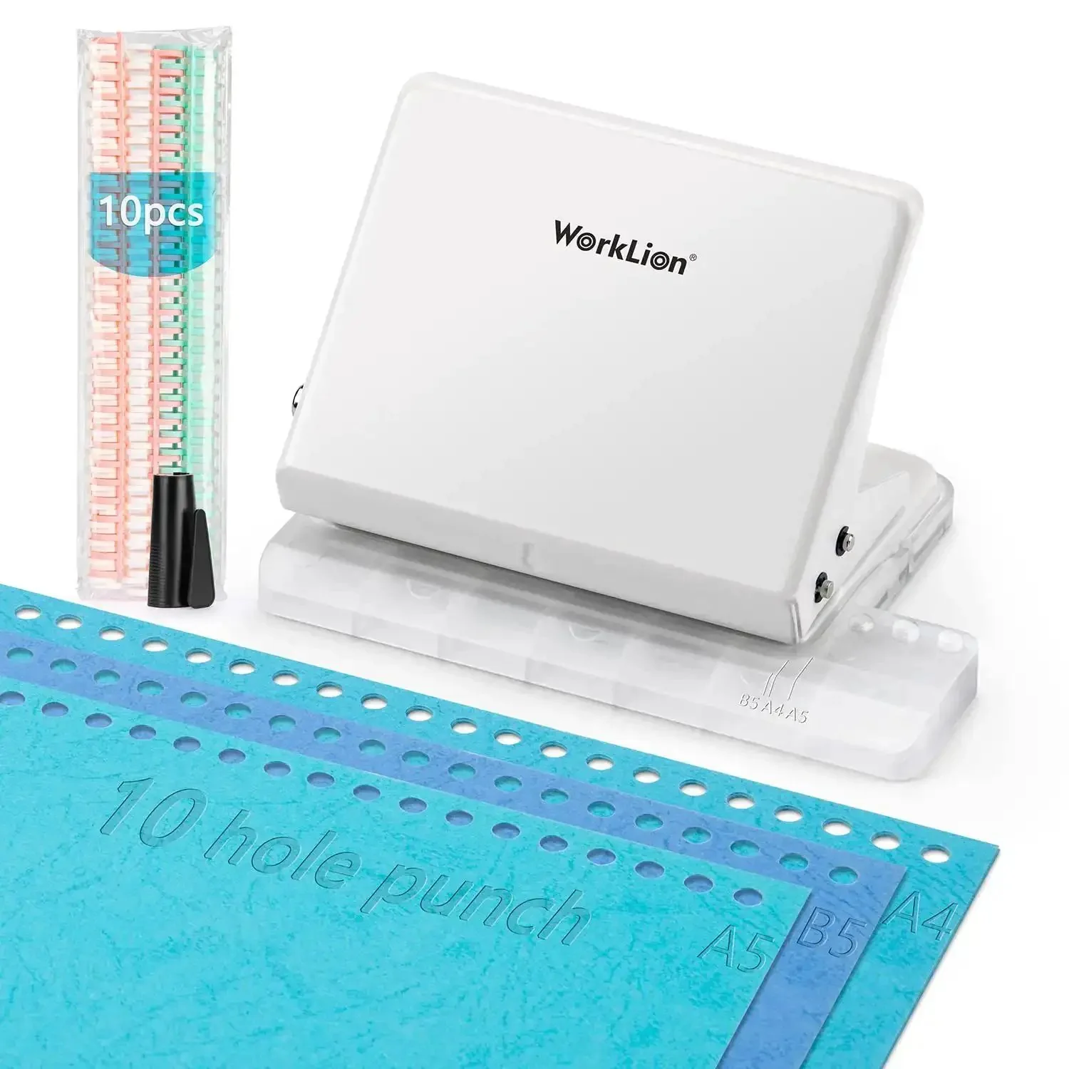 Handy Metal Hole Punch Binding Tool For Planners And Notebooks, Punches 30 Holes On A4, 26 On B5, 20 On A5, Includes 10 Multicolor Binder Rings, Sturdy 10 Hole Punch For Journals And DIY Binder Projects