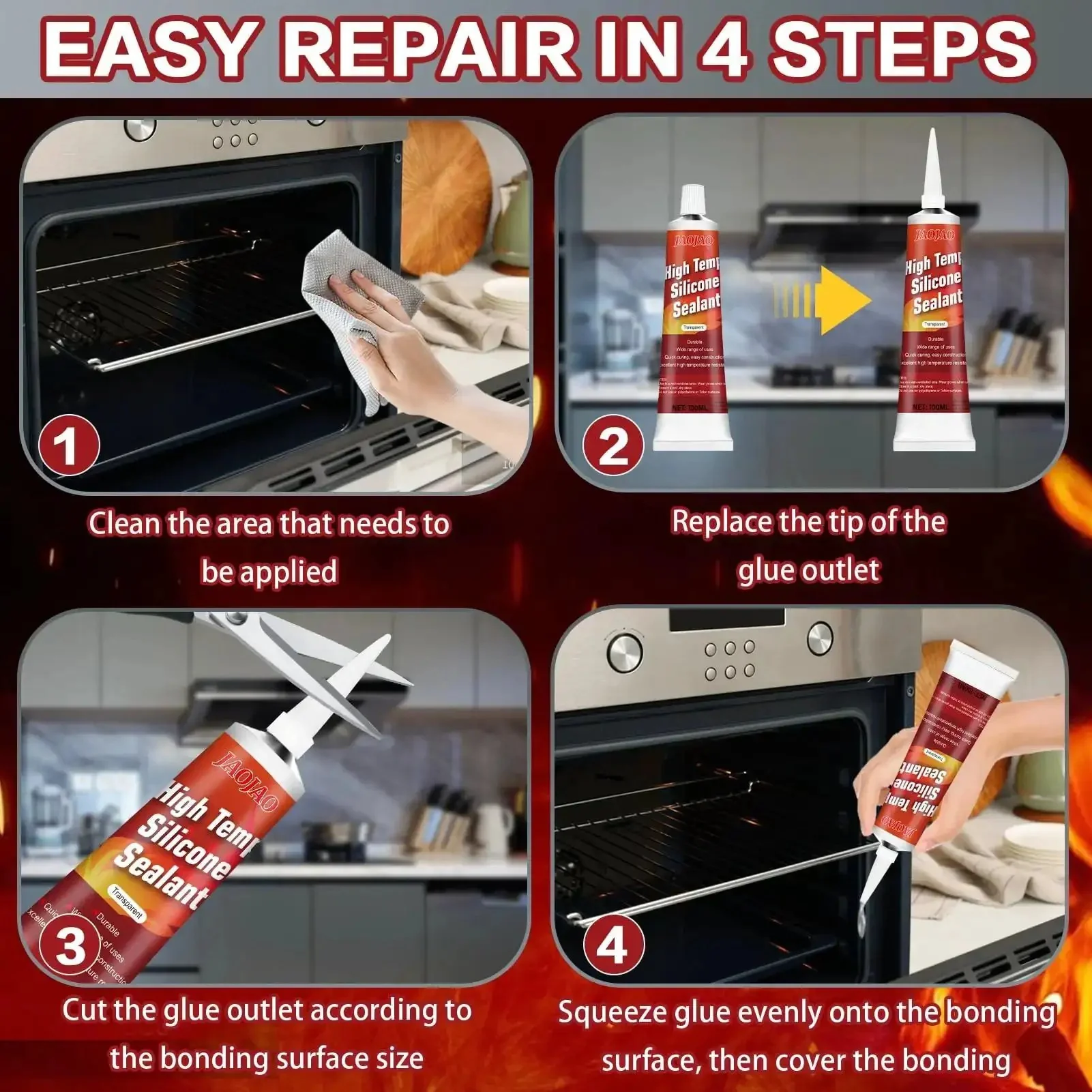 Heat Resistant High Temp Silicone Sealant for Ovens and Grills, Fast Curing Caulk for Fireplaces, Exhaust Pipes, Engines and More, Beefy Temperature Resistant Seal for Microwaves, 100ml Transparent - Image 3