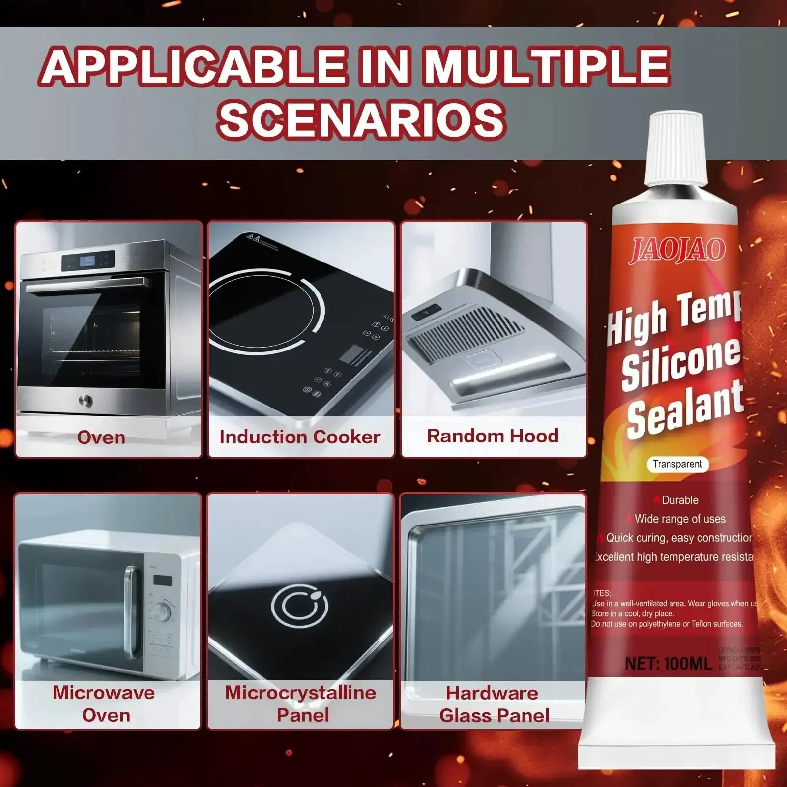 Heat Resistant High Temp Silicone Sealant for Ovens and Grills, Fast Curing Caulk for Fireplaces, Exhaust Pipes, Engines and More, Beefy Temperature Resistant Seal for Microwaves, 100ml Transparent - Image 4