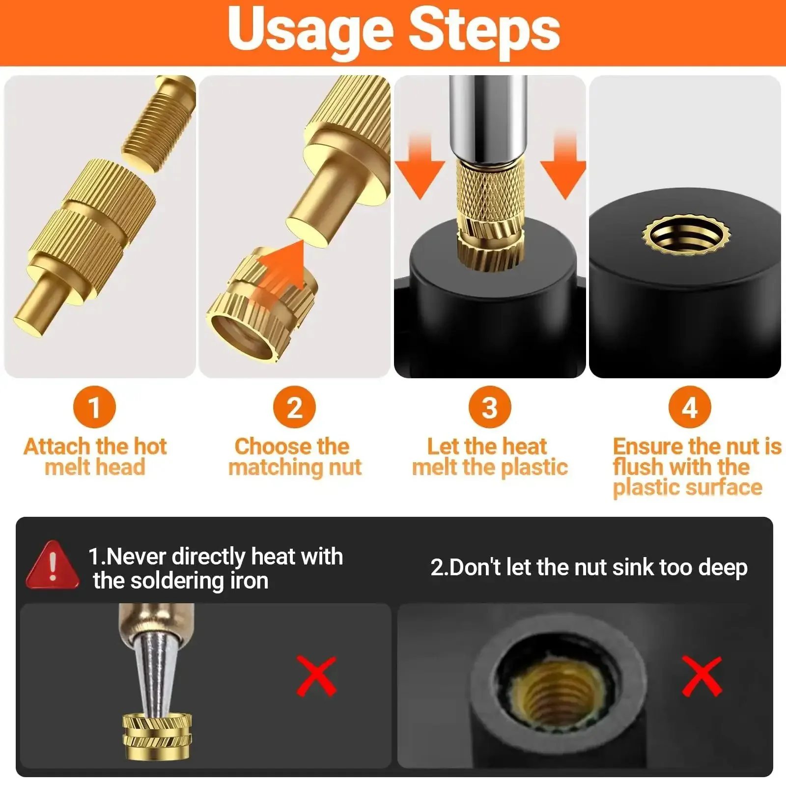Heat Set Threaded Inserts Kit With 716 Pieces Including M2 M3 M4 M5 M6 Inserts, Nuts, Bolts, Washers And 60W Soldering Iron With Holder, 5 Tips, Maker Friendly For 3D Printer Parts And Plastic Projects - Image 3