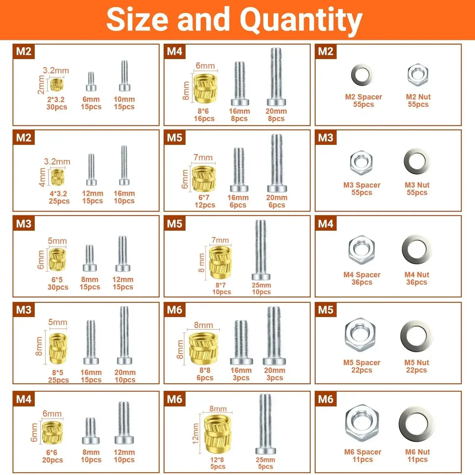 Heat Set Threaded Inserts Kit With 716 Pieces Including M2 M3 M4 M5 M6 Inserts, Nuts, Bolts, Washers And 60W Soldering Iron With Holder, 5 Tips, Maker Friendly For 3D Printer Parts And Plastic Projects - Image 4