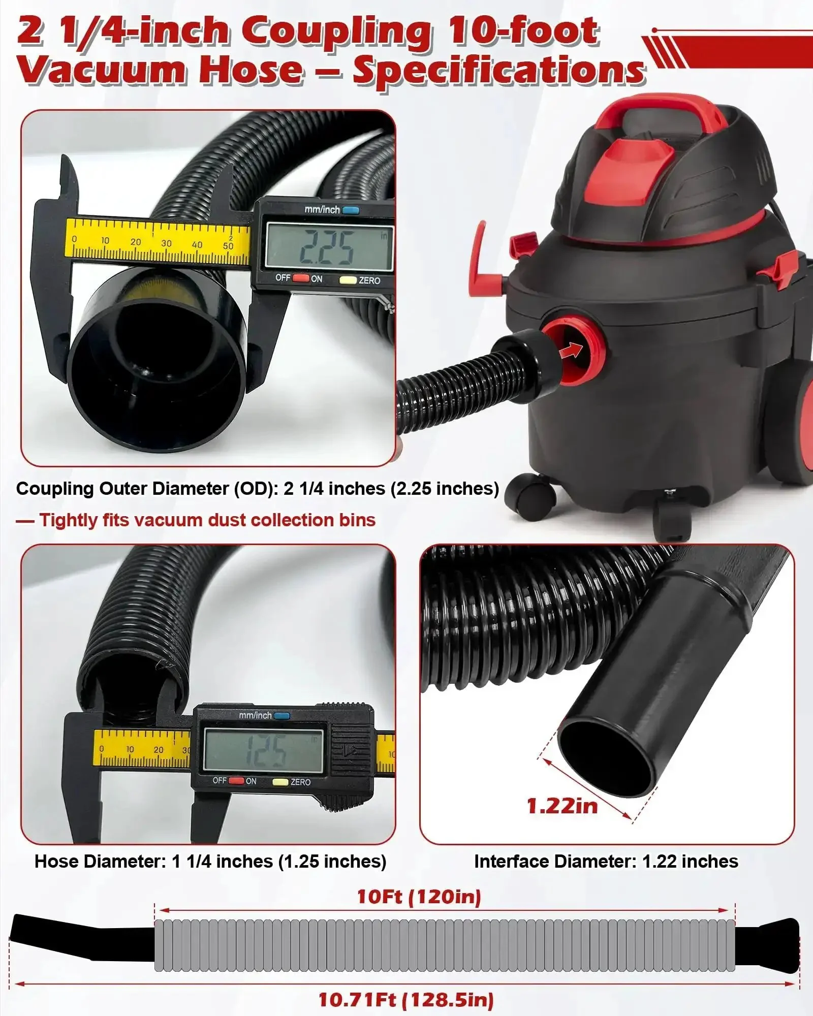 Heavy Duty 10 Ft Vacuum Hose Replacement With 2.25 In Cuff And 1.25 In Diameter, Universal Fit For Shop Vac, Craftsman, Ridgid Wet Dry Vacs, Upgraded Seal And Durability - Image 7