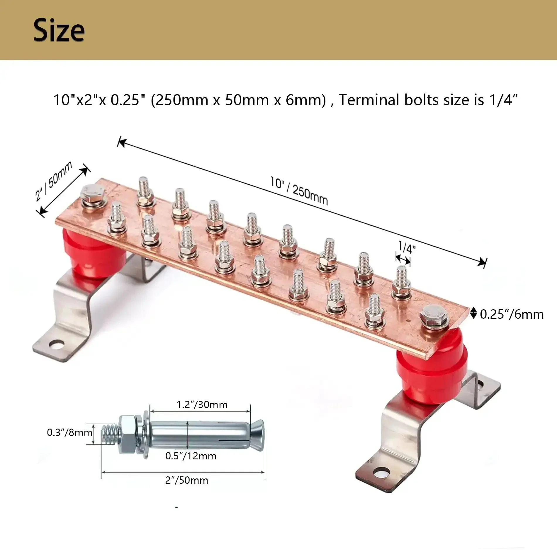 Heavy Duty 10 Inch Copper Ground Bar Kit With 900A Grounding Busbar And UL Recognized SM40 Insulators Uimp Up To Seven Point Four Kilovolt One Quarter Inch Thick Fifty Millimeter Wide Two Hundred Fifty Millimeter Long Sixteen Terminal Positions - Image 5
