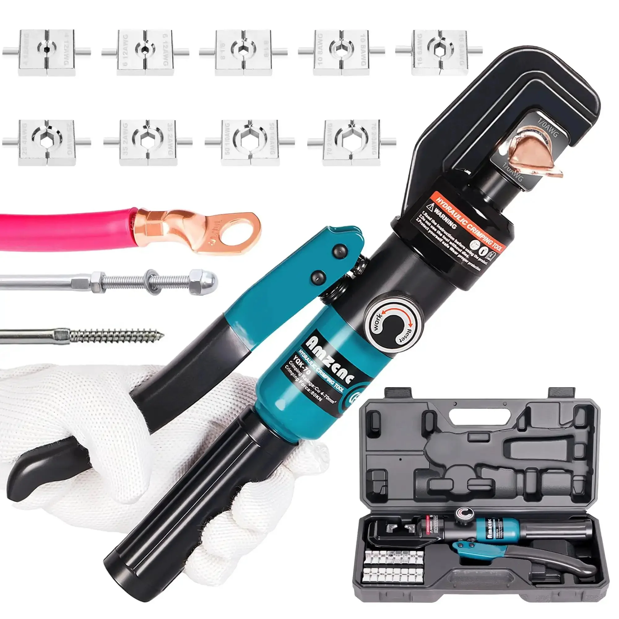 Heavy Duty 10 Ton Hydraulic Battery Cable Crimper With One Hand Operation, 9 Hex Die Set For 12 AWG Up To 2/0 AWG, 180 Degree Rotating Head, Pro Terminal Tool For Car, RV And Marine Power Wiring