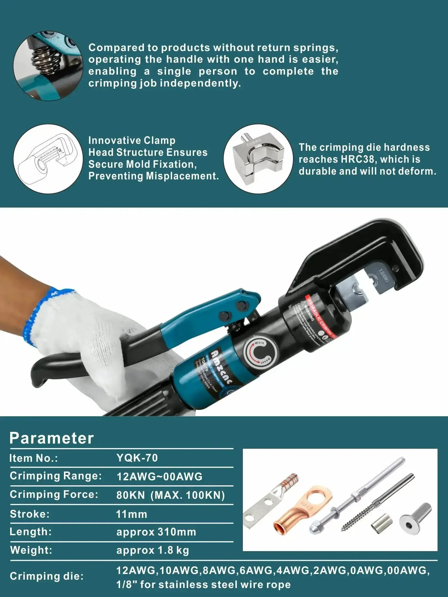 Heavy Duty 10 Ton Hydraulic Battery Cable Crimper With One Hand Operation, 9 Hex Die Set For 12 AWG Up To 2/0 AWG, 180 Degree Rotating Head, Pro Terminal Tool For Car, RV And Marine Power Wiring - Image 7