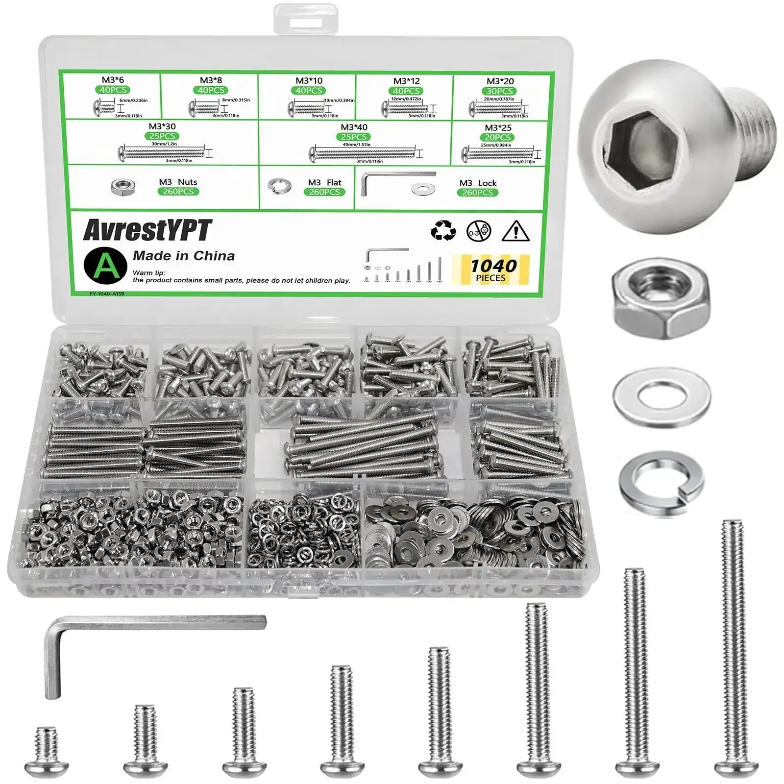 Heavy Duty 1040 Piece M3 Screw Kit With Nuts, Washers And Hex Wrench Includes M3 Screws From 6mm To 40mm Range For 3D Printers, Bed Frames, Furniture And Automotive Projects Built For Quick Fixes And Mod Upgrades