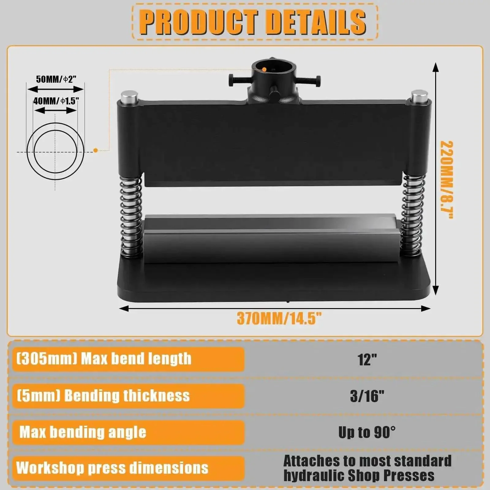 Heavy Duty 12 Inch Press Brake Attachment For 12 To 20 Ton Hydraulic Shop Presses With Dual Spring Design Metal Bending Tool Capable Of 12 Inch Bends Up To Three Sixteenth Inch Thick Steel Essential Hydraulic Press Accessories Kit - Image 6