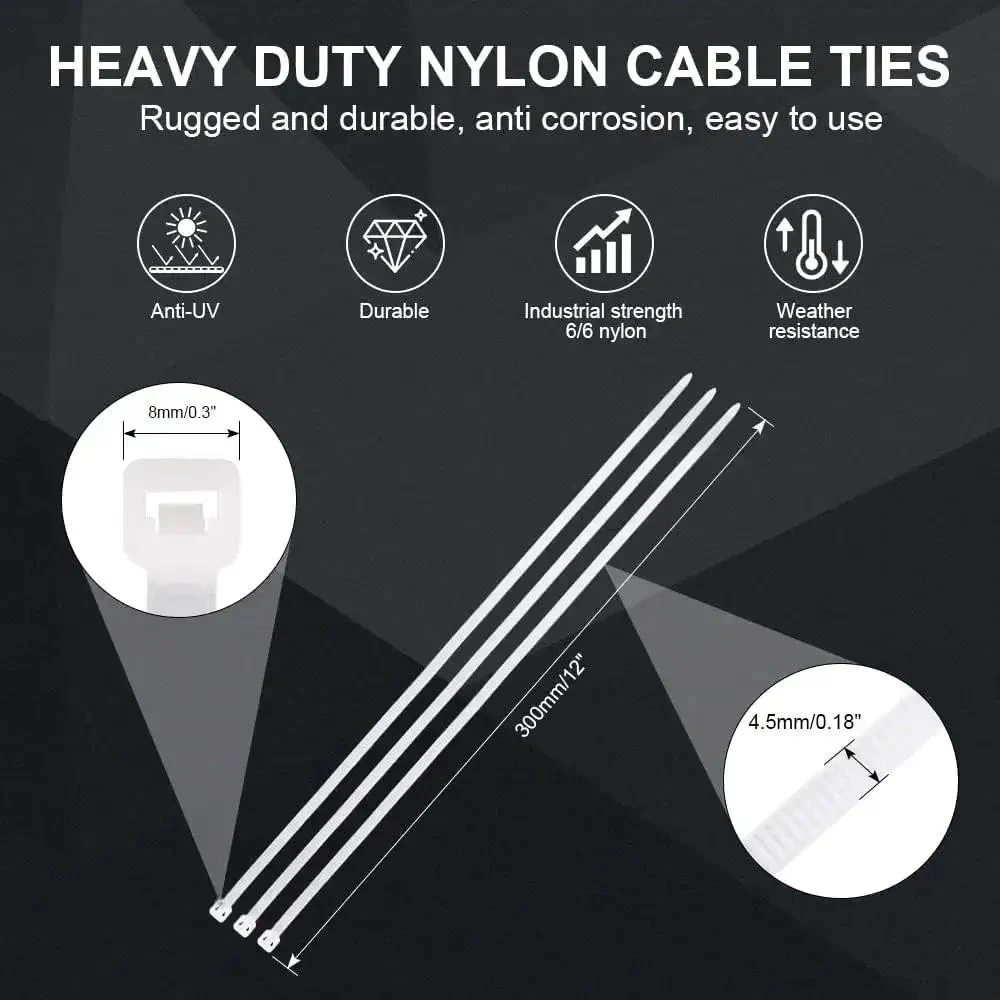 Heavy Duty 12 Inch Zip Ties 100 Pack Self Locking Nylon Cable Ties White for Indoor and Outdoor Use Premium Quality Wire Management and Cable Organization - Image 7