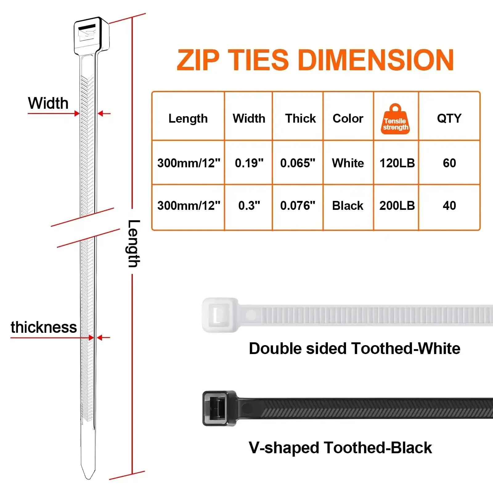 Heavy Duty 12 Inch Zip Ties With 200Lbs Tensile Strength, V Shaped Toothed Double Sided Cable Ties, Built Tough Nylon Tie Wraps For Indoor Outdoor Use, Black And White 100 Pack - Image 9
