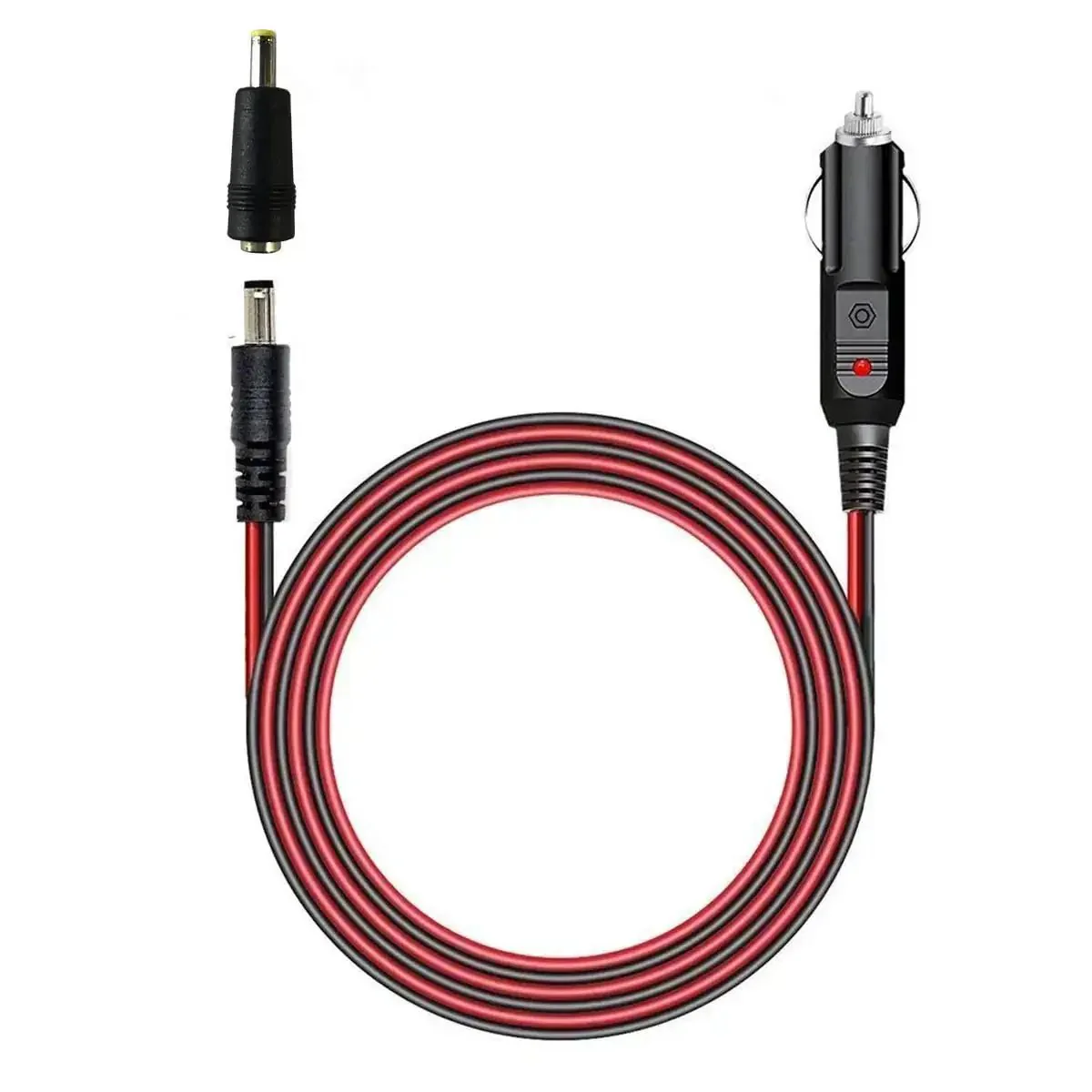 Heavy Duty 12 To 24 Volt Car Charger Cable With Dual DC Plug Sizes For Five Point Five By Two Point One Millimeter And Four Point Zero By One Point Seven Millimeter To Car Cigarette Lighter Male Plug LED Indicator Four Foot Cord And Three Amp Fuse