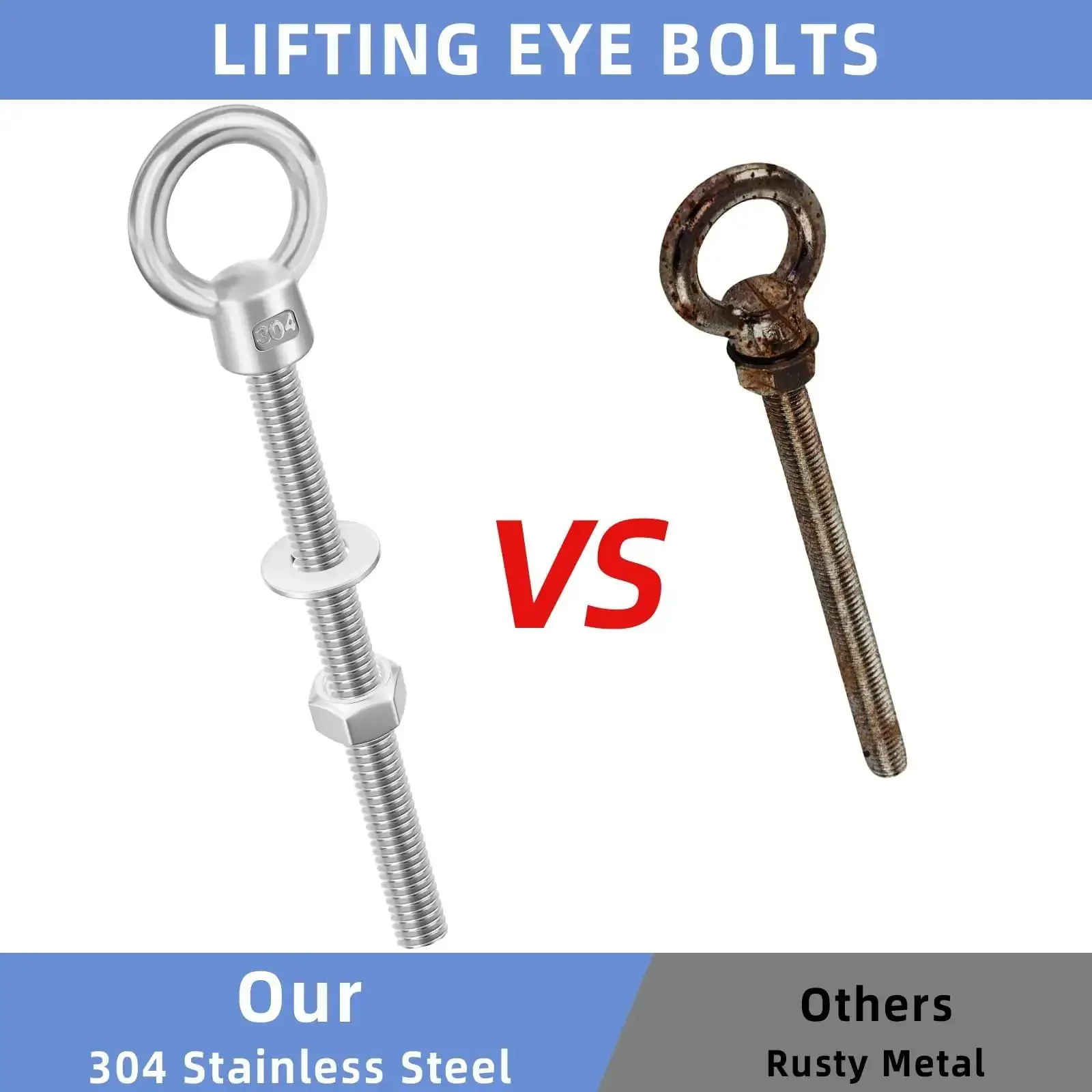 Heavy Duty 1/4 Inch By 6 Inch Eye Bolt Set With 304 Stainless Steel Nuts And Washers, Threaded Ring Eye Bolts For Hanging And Lifting Heavy Items, Includes 5 Piece Set - Image 5