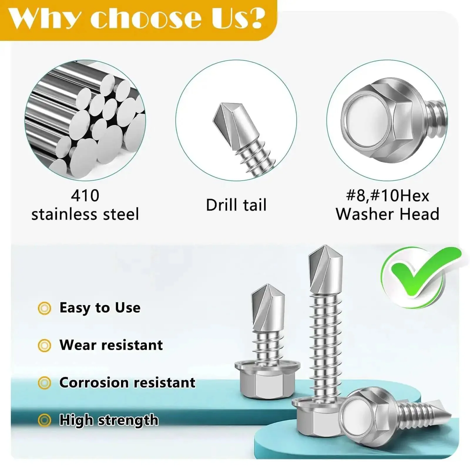 Heavy Duty 150 Piece Self Drilling Screws Kit Stainless Steel Rust Resistant Hex Washer Head Tek Screws For Sheet Metal No Pre Drill Needed Includes Eight By Half Inch Eight By Three Quarter Inch Ten By One Inch And Ten By One And A Half Inch - Image 5