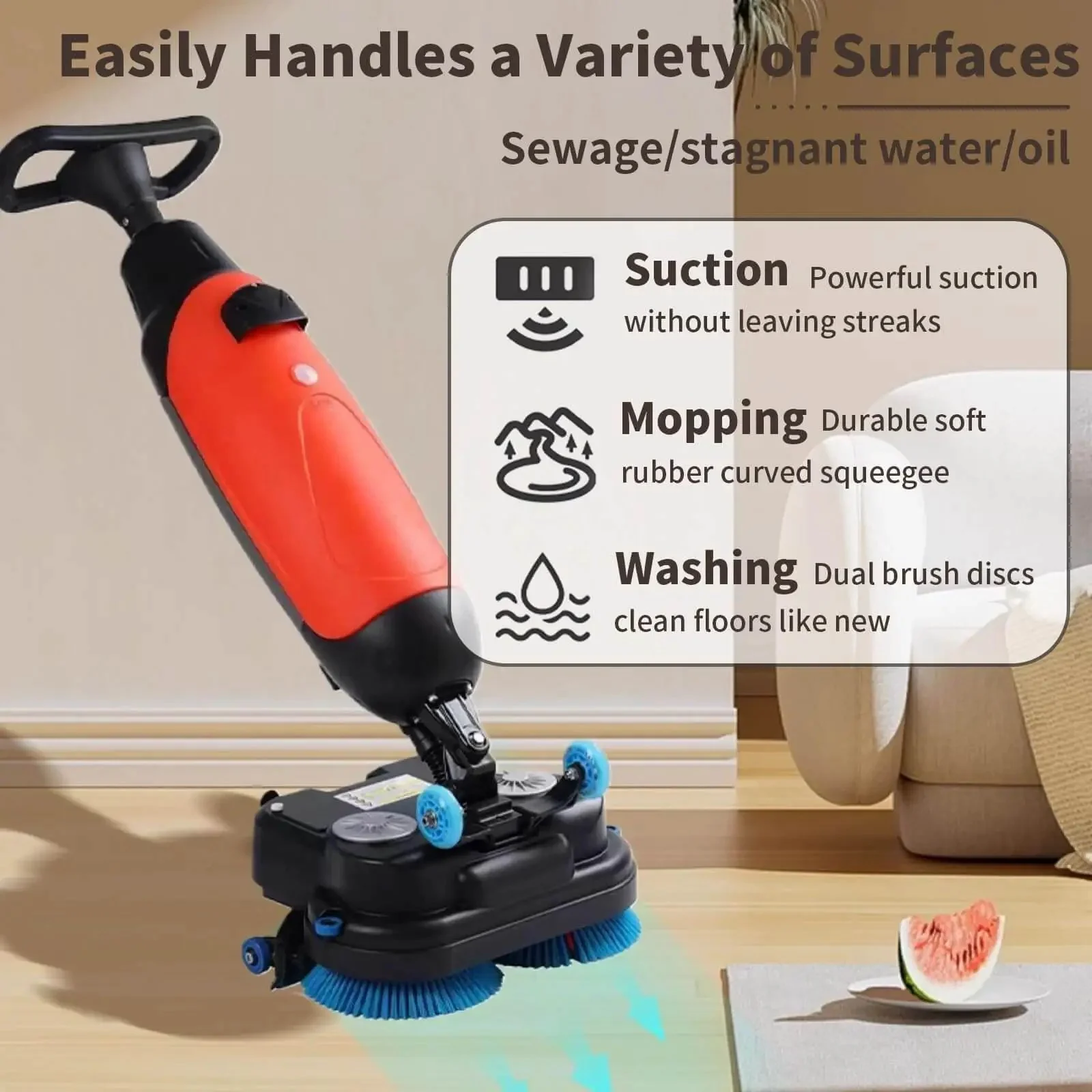 Heavy Duty 17 Inch Floor Polisher Carpet Cleaning Machine With 240 RPM 3 Gallon Tank Dual Brush Heads 13000 Sqft Per Hour Coverage Industrial Floor Cleaner Red - Image 6