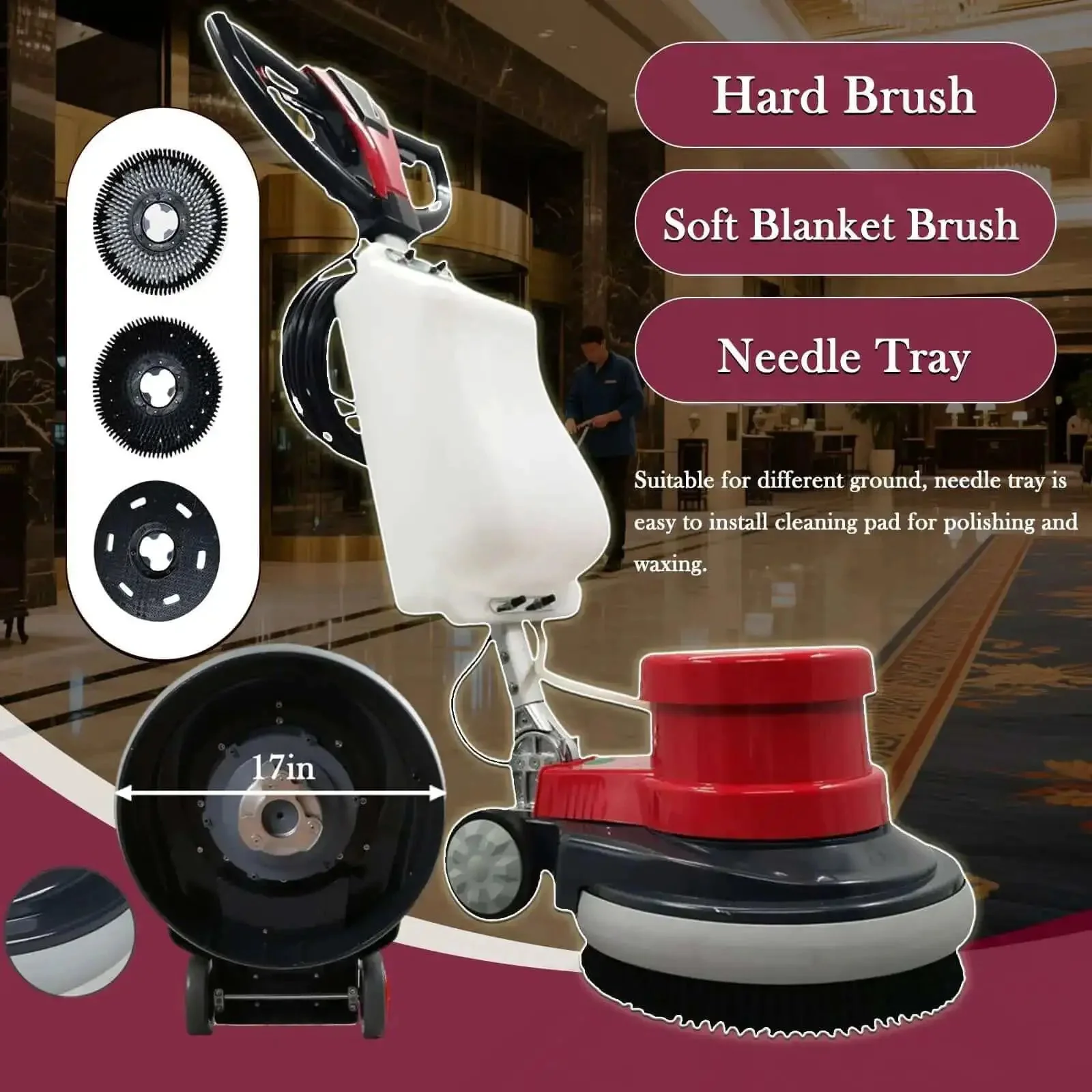Heavy Duty 17 Inch Floor Scrubber Polisher With 1100W Motor, Commercial Grade Buffer For Wood Tile Epoxy Marble And Concrete, Deep Cleaning, Waxing, And Polishing On Multiple Surfaces, 110V - Image 6