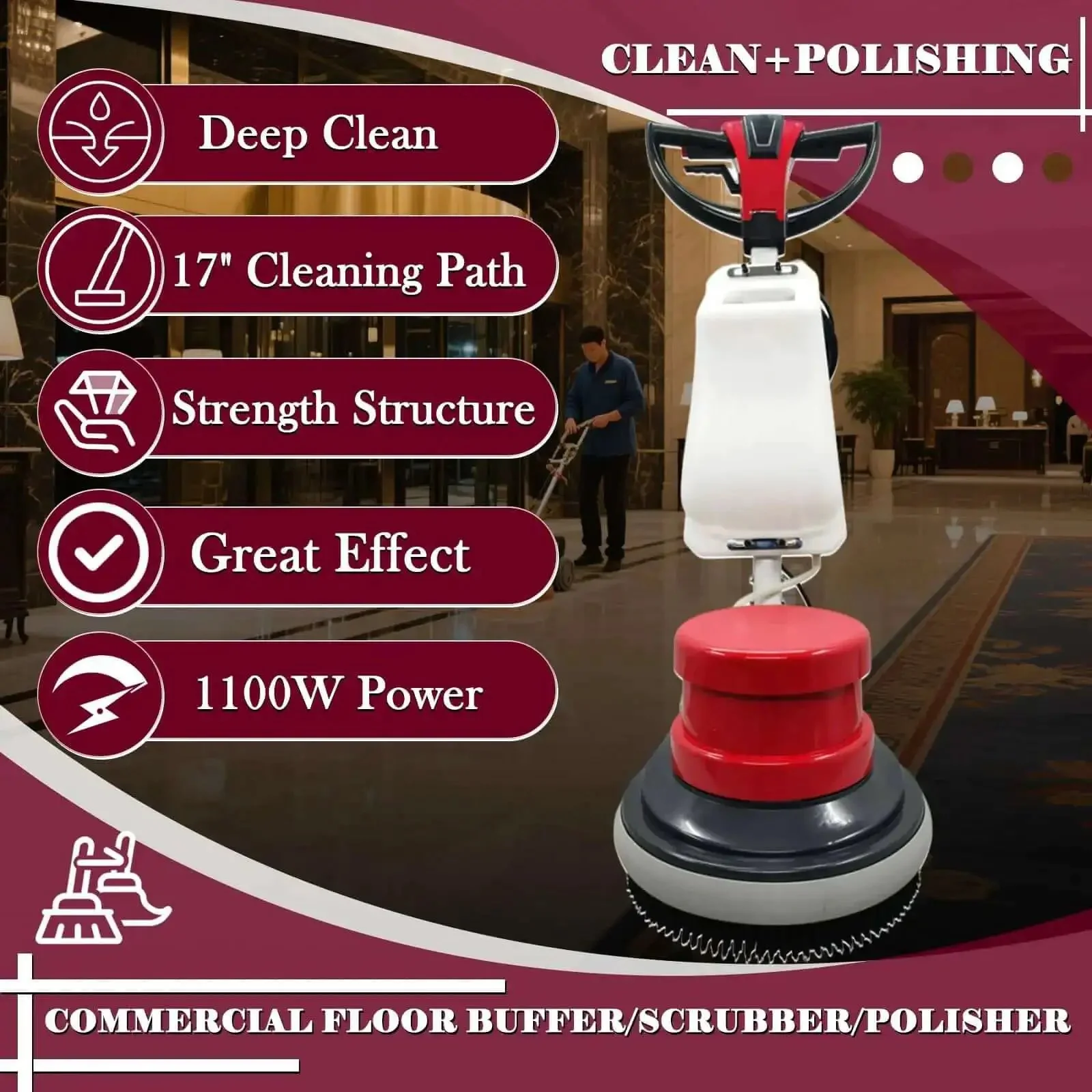 Heavy Duty 17 Inch Floor Scrubber Polisher With 1100W Motor, Commercial Grade Buffer For Wood Tile Epoxy Marble And Concrete, Deep Cleaning, Waxing, And Polishing On Multiple Surfaces, 110V - Image 7