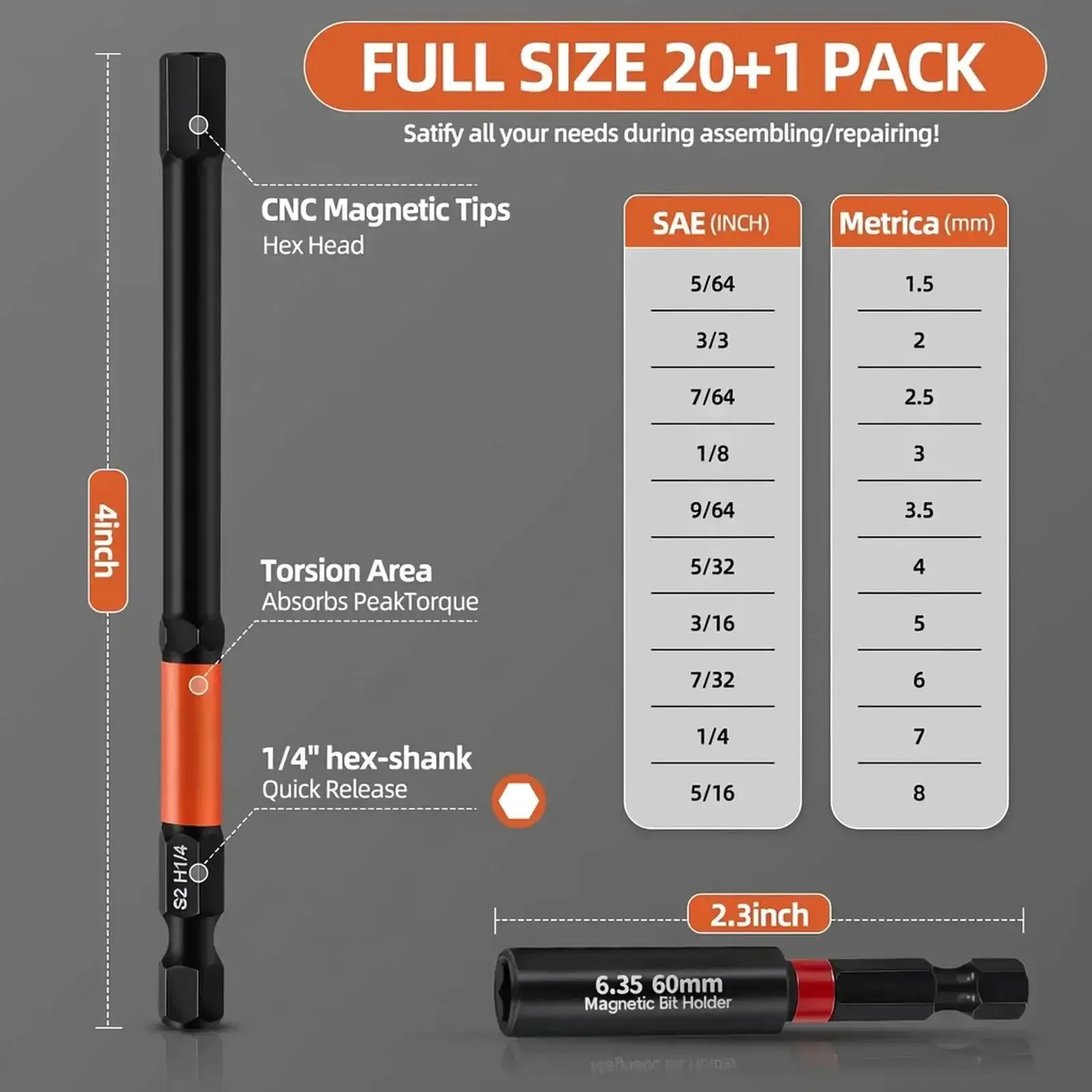 Heavy Duty 20 Piece 4 Inch Hex Bit Set With Metric And SAE Allen Wrenches, 1/4 Inch Hex Shank, S2 Steel CNC Machined Magnetic Tips, Extension Socket And Storage Box, Built For Impact Drivers - Image 7