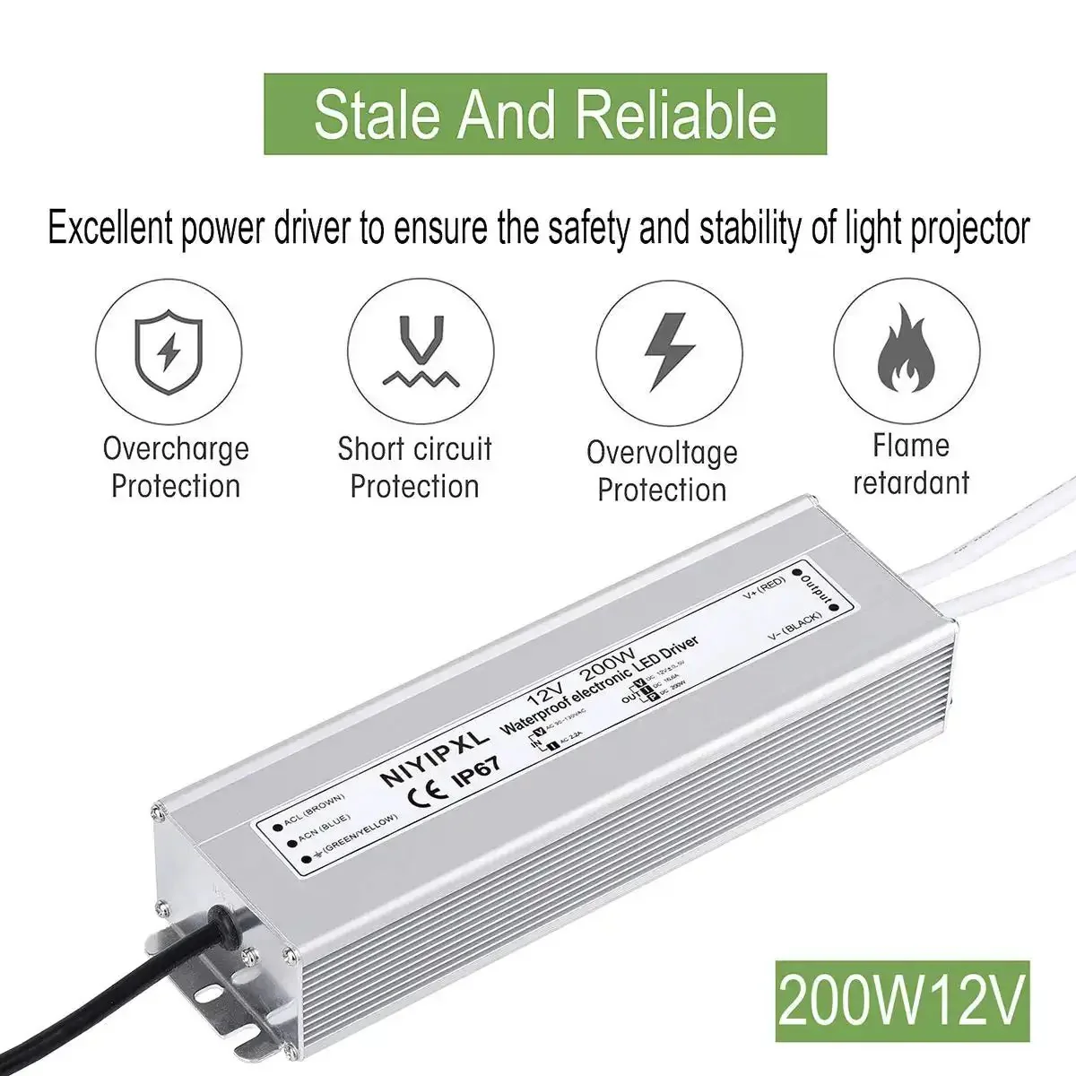 Heavy Duty 200W IP67 Waterproof LED Power Supply 90V To 130V AC To 12V DC Transformer With 3 Prong Plug 3.3 Foot Cable Outdoor Ready Short Circuit And Overload Protection Ideal For LED Lighting And DIY Projects - Image 6