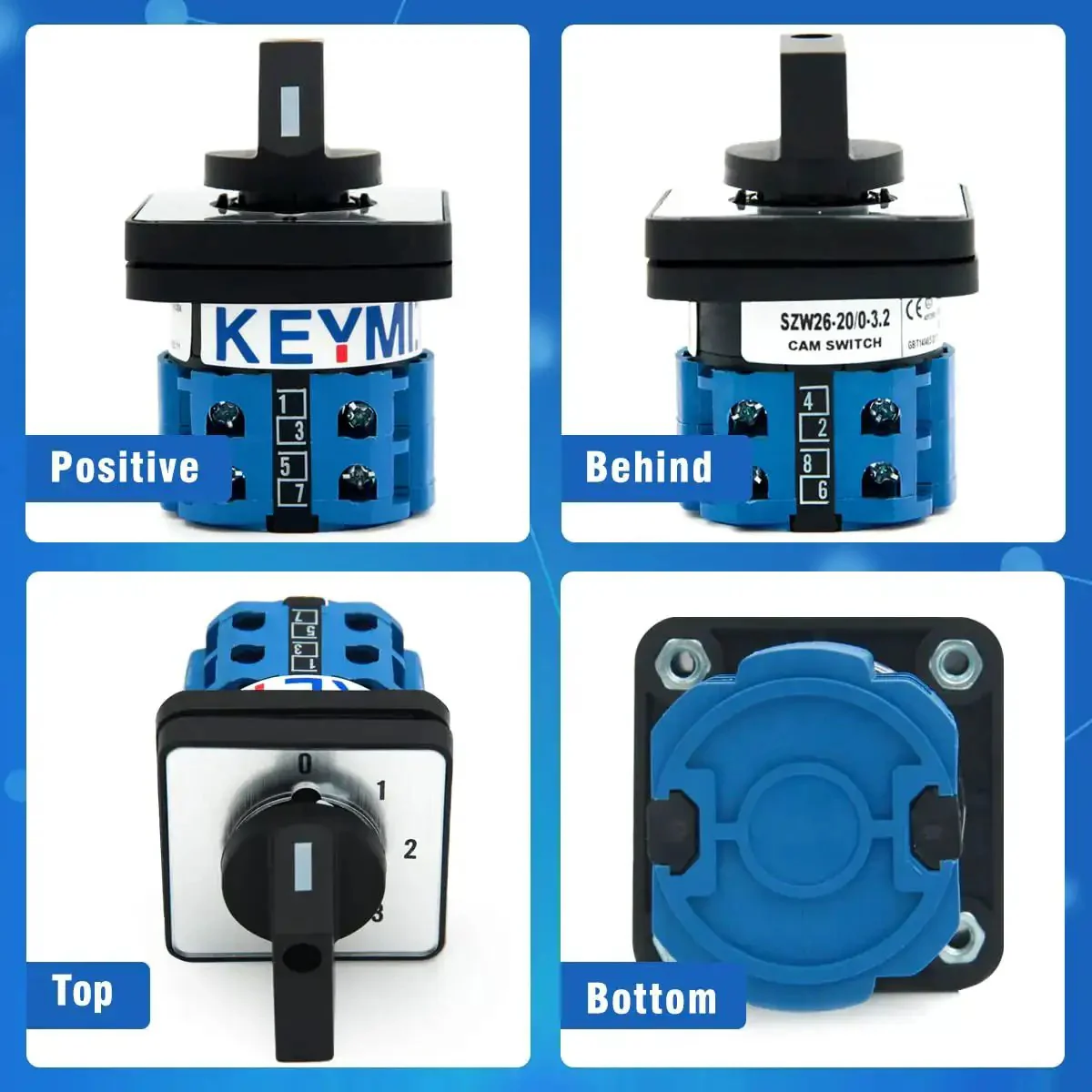 Heavy Duty 20A Rotary Changeover Switch 660V With 4 Positions 2 Poles 8 Terminals Universal Selector Switch With Blue Fork Terminals IP65 CE Flame Retardant Housing - Image 3