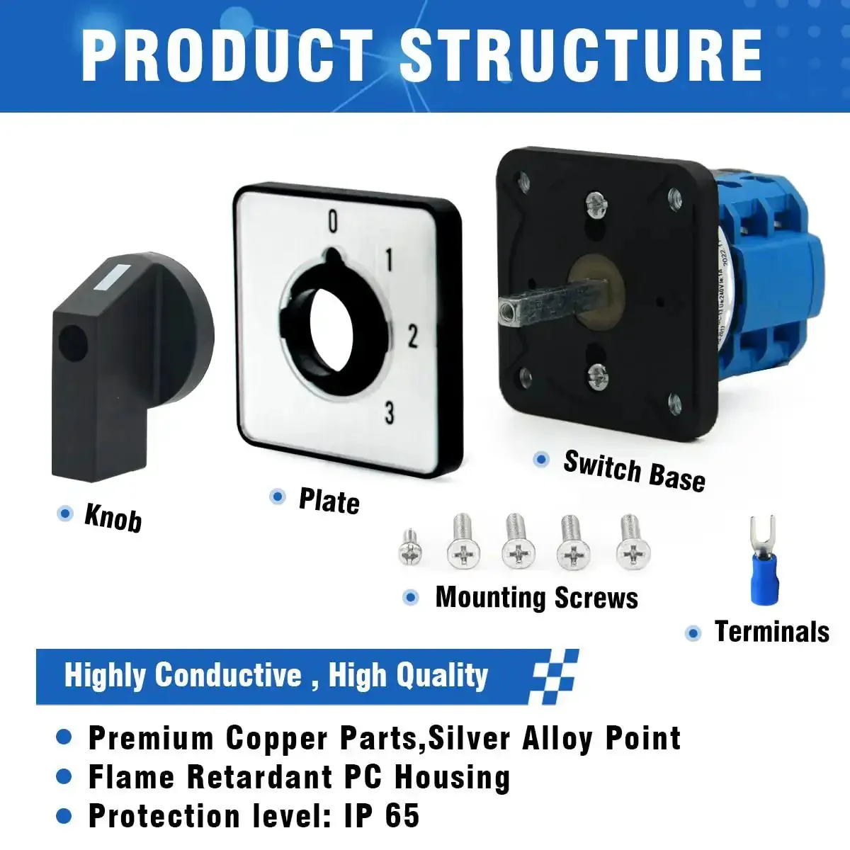Heavy Duty 20A Rotary Changeover Switch 660V With 4 Positions 2 Poles 8 Terminals Universal Selector Switch With Blue Fork Terminals IP65 CE Flame Retardant Housing - Image 4