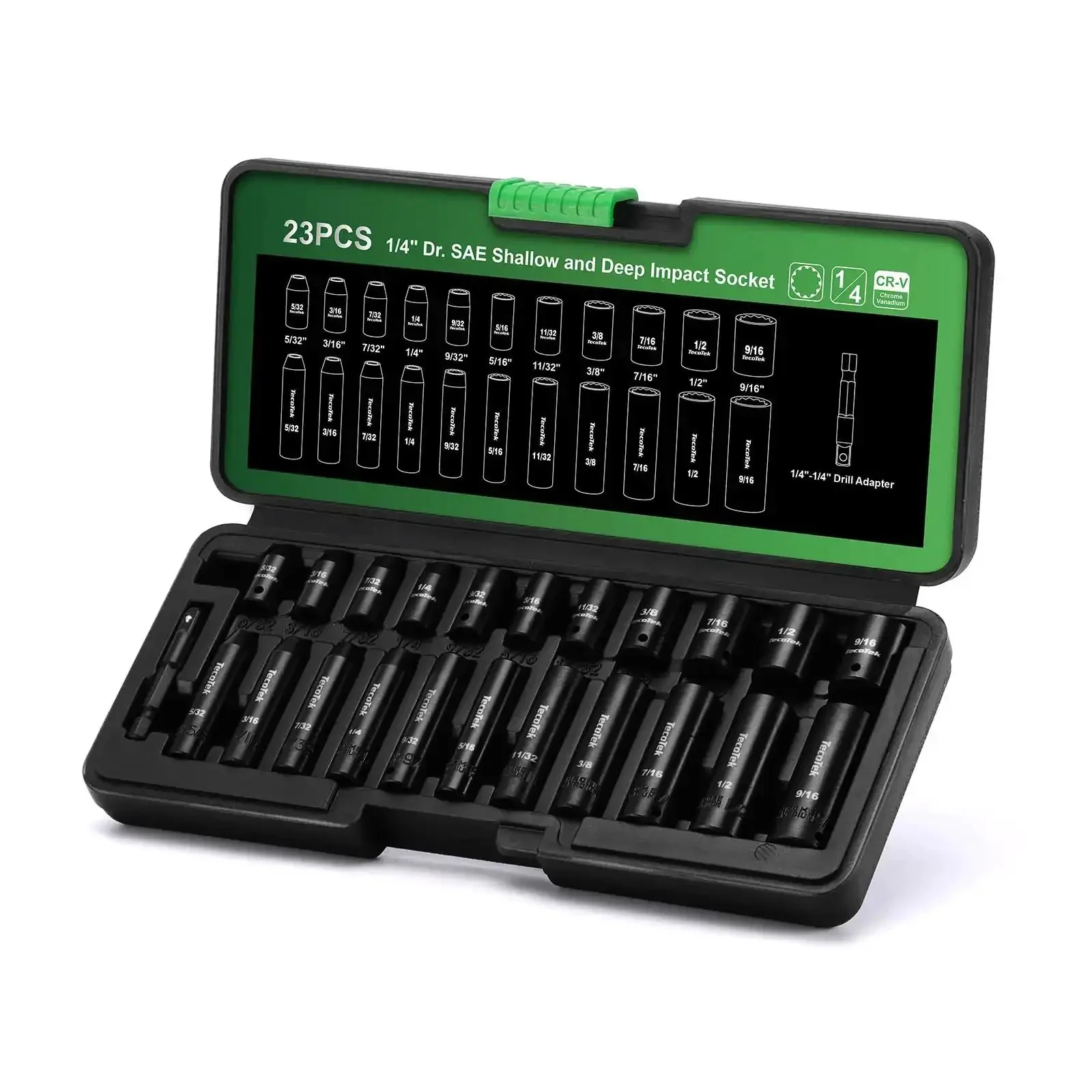 Heavy Duty 23-Piece 1/4 Inch Drive Socket Set With Deep And Shallow 12-Point Impact Sockets Cr-V Steel SAE 5/32 To 9/16 Inch Includes Drill Adapter Built Tough For Pros And DIY Projects - Image 2