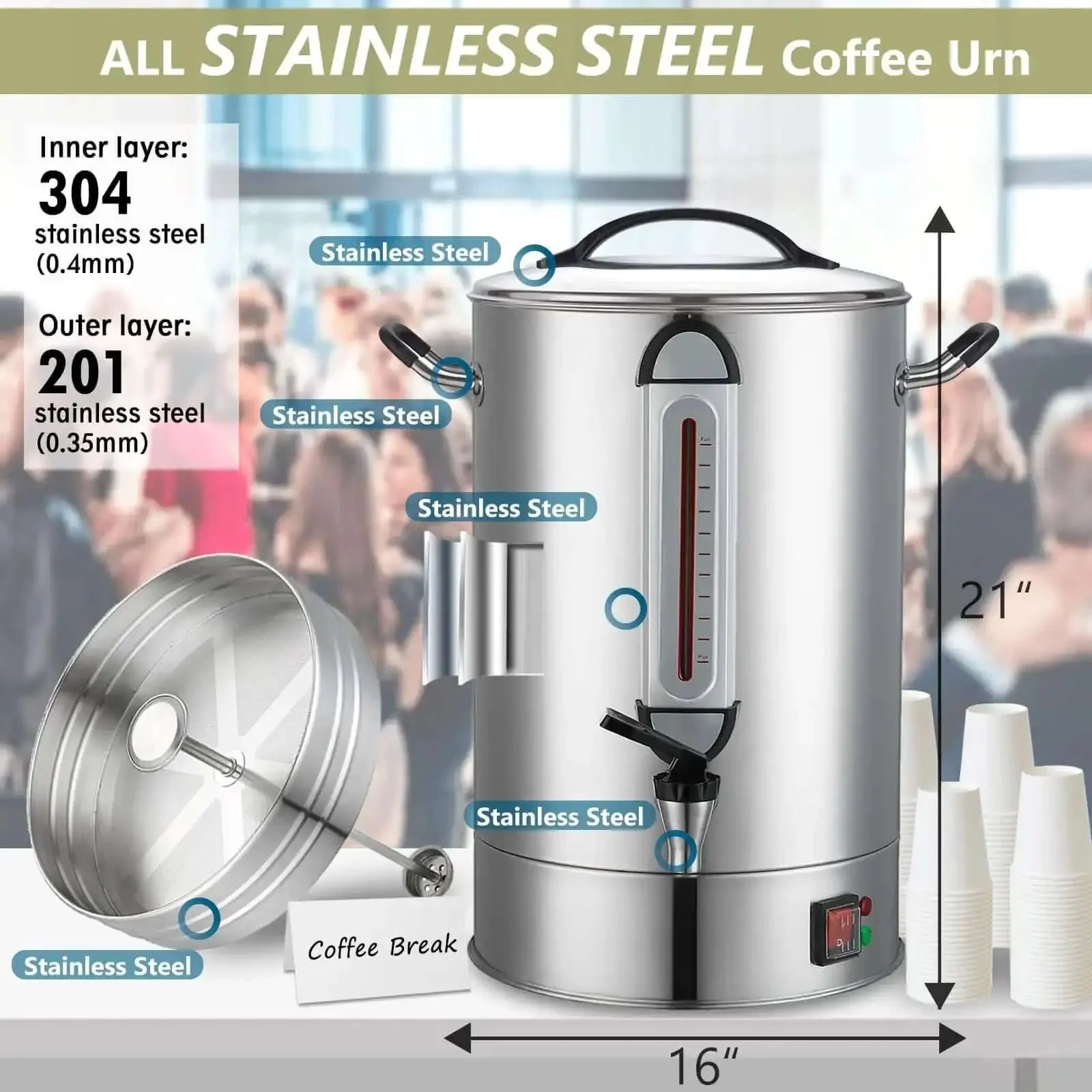 Heavy Duty 24L Commercial Coffee Urn With Quick Brew Dispenser For Catering And Events, 160 Cup Capacity Stainless Steel, Large Batch Coffee Maker For Meetings, Churches, Schools And Offices - Image 4