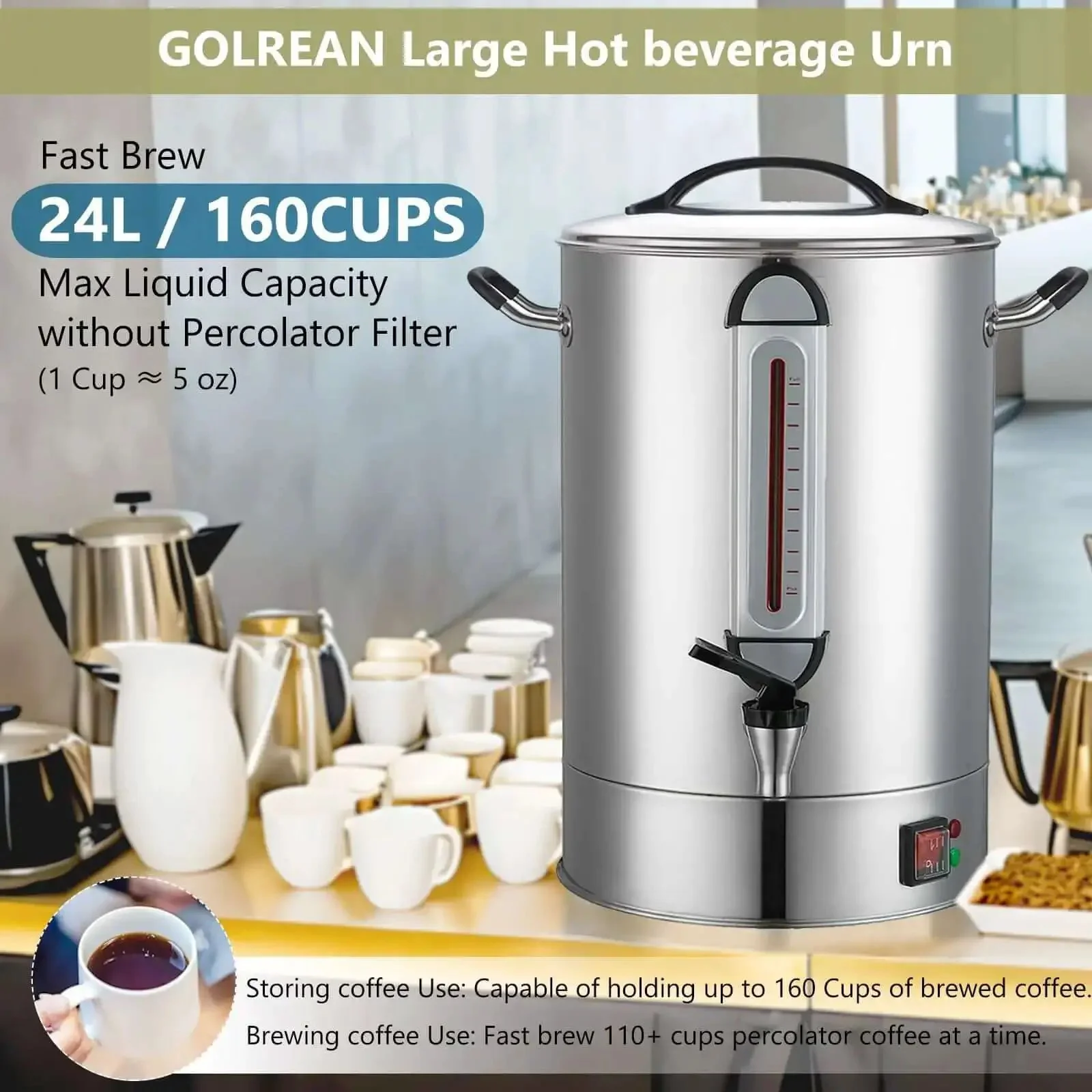 Heavy Duty 24L Commercial Coffee Urn With Quick Brew Dispenser For Catering And Events, 160 Cup Capacity Stainless Steel, Large Batch Coffee Maker For Meetings, Churches, Schools And Offices - Image 8