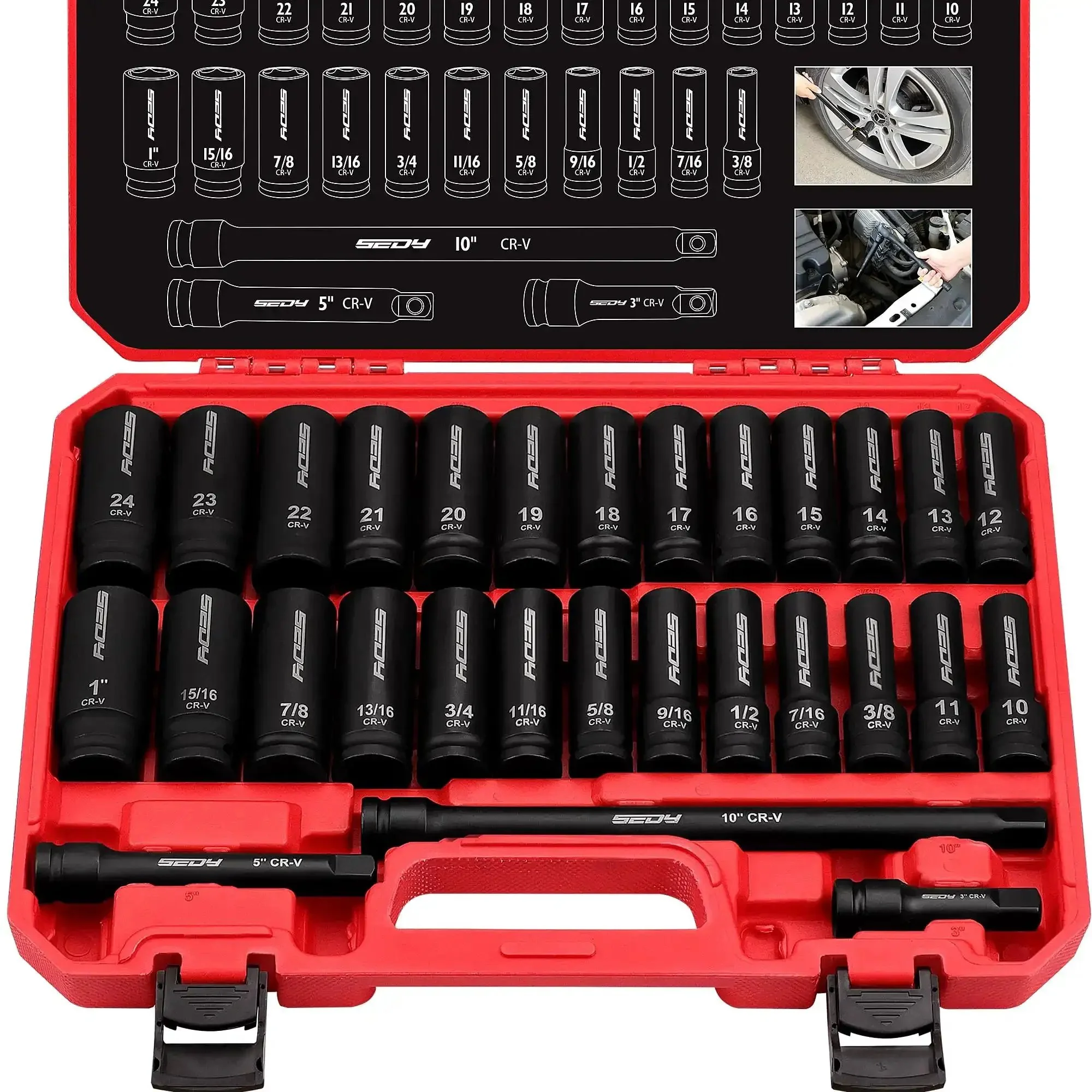 Heavy Duty 29-Piece 1/2 Inch Drive Impact Socket Set With SAE 3/8 To 1 Inch And Metric 10-24mm, Includes Extension Bars, Deep And Shallow Sockets, CR-V Material, Built Tough For Pros And DIYers - Image 2