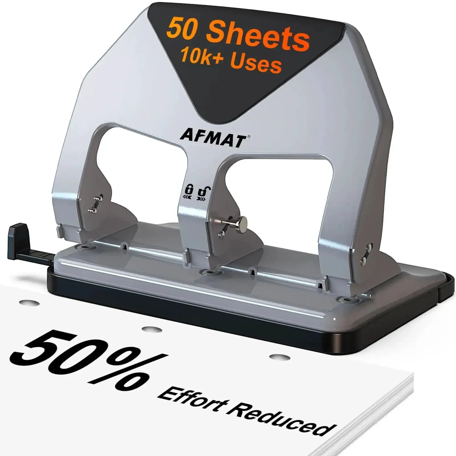 Heavy-Duty 3 Hole Punch For Binders, 50-Sheet Capacity, Fifty Percent Easier Punching, Boss-Level Durability, Stainless Steel Paper Guide, 9-32 Inch Holes, Ideal For Home Office School And Binder Projects, More Than Ten Thousand Uses
