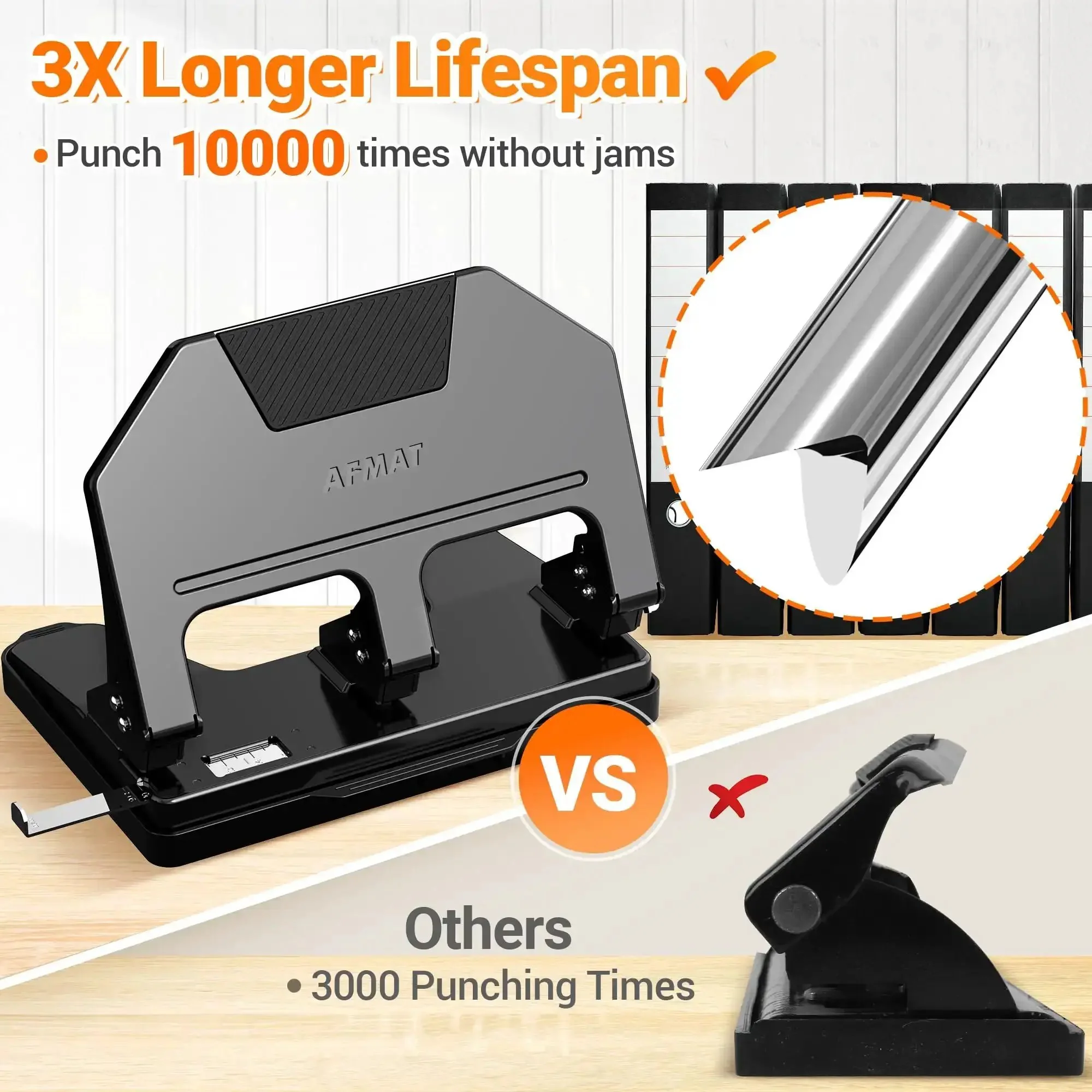 Heavy Duty 3 Hole Punch For Binders With 9 32nd Inch Holes 40 Sheet Capacity 50 Percent Less Effort Metal Construction Built In Paper Guide And Large Chip Tray 10,000 Uses HPX3 - Image 5