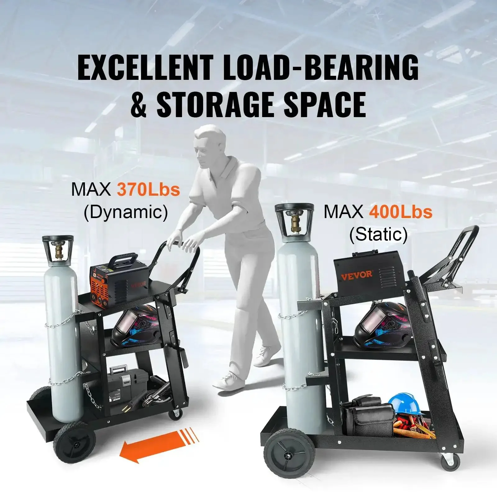 Heavy Duty 3 Tier Welding Cart With 360 Degree Swivel Wheels, Tank Storage And Safety Chains, Rolling Cart For MIG TIG ARC Plasma Cutter Welder, 400 Lb Capacity - Image 11