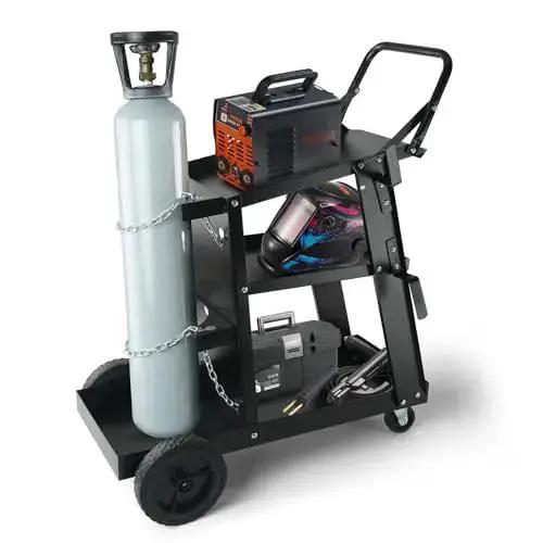 Heavy Duty 3 Tier Welding Cart With 360 Degree Swivel Wheels, Tank Storage And Safety Chains, Rolling Cart For MIG TIG ARC Plasma Cutter Welder, 400 Lb Capacity - Image 2