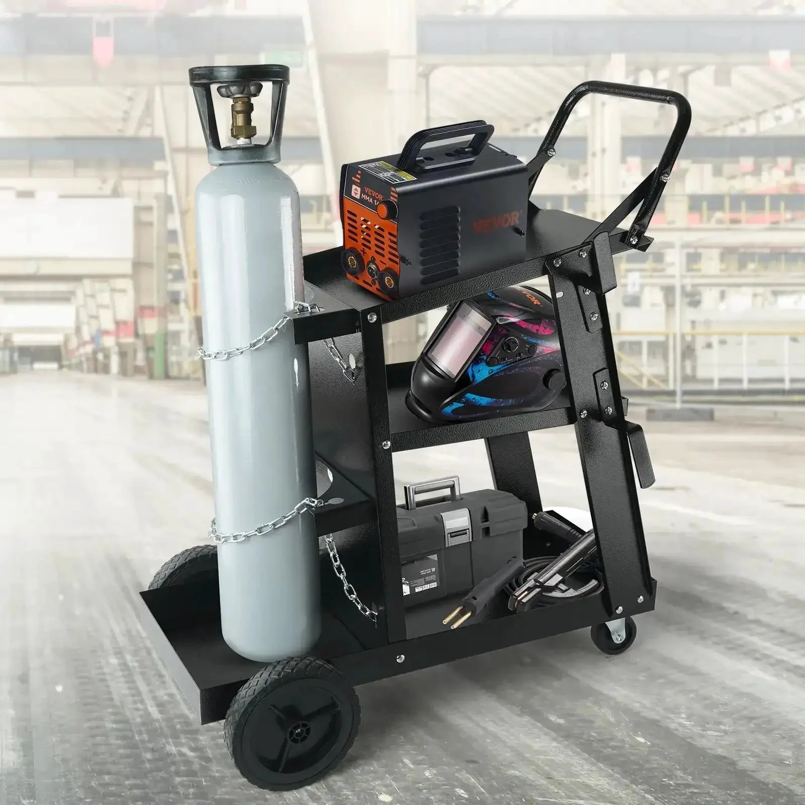 Heavy Duty 3 Tier Welding Cart With 360 Degree Swivel Wheels, Tank Storage And Safety Chains, Rolling Cart For MIG TIG ARC Plasma Cutter Welder, 400 Lb Capacity - Image 6