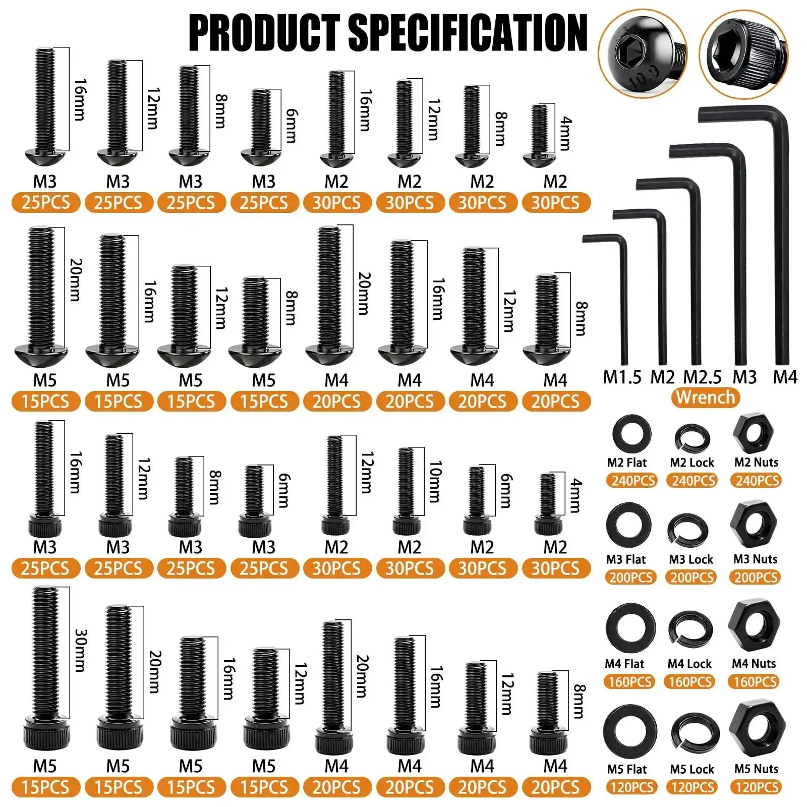 Heavy Duty 3160Pcs Metric Bolts And Nuts Kit With Flange Bolts Hex Socket Button Screws Cap Head Screws And Washers 42 Sizes M2 M3 M4 M5 M6x1.0 M8x1.25 M10x1.5 Great For DIY Repairs And Machinery Projects - Image 5