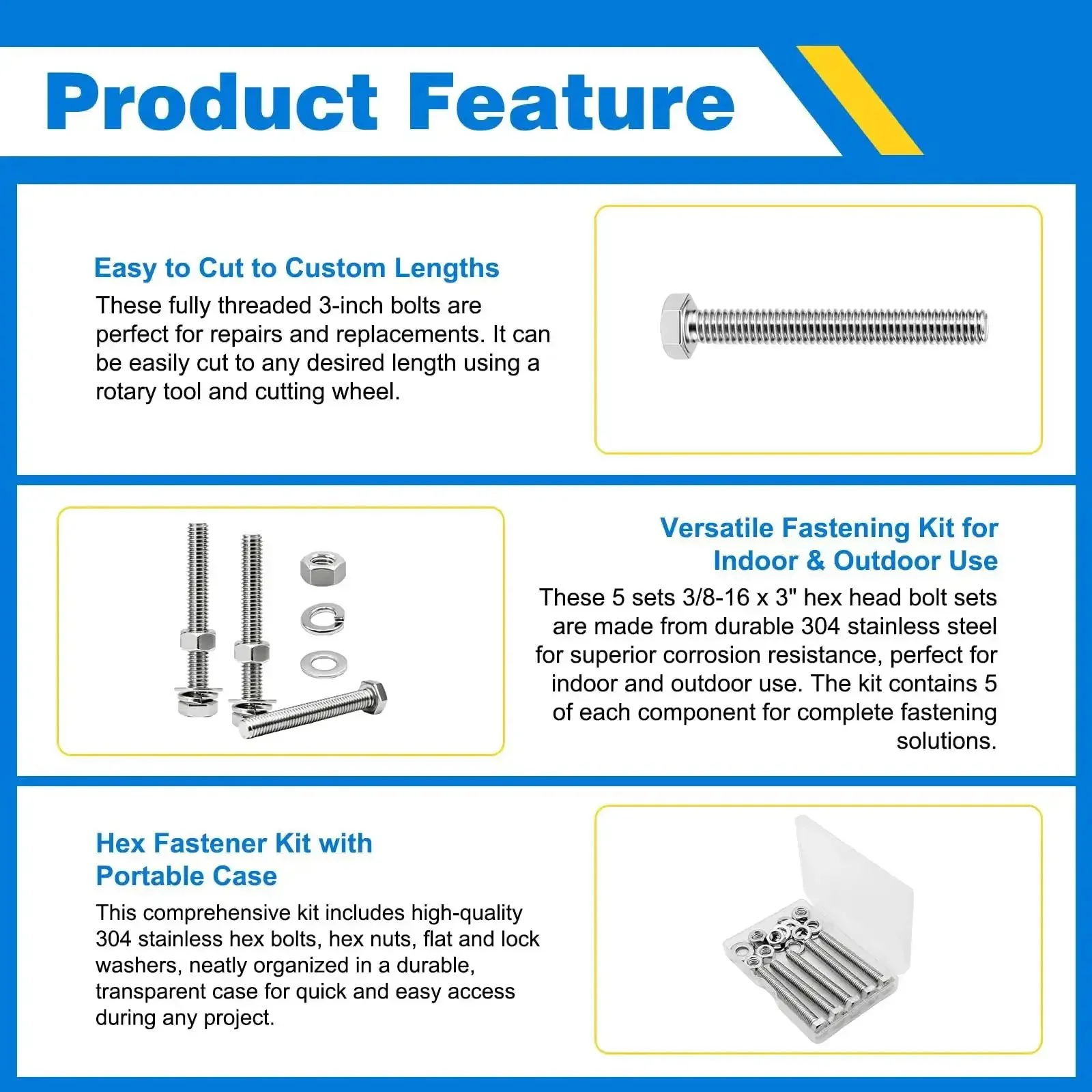 Heavy Duty 3/8-16 Hex Bolt Set Kit Five 3 Inch Stainless Steel 304 Right Hand Bolts With Nuts Flat Washers And Spring Lock Washers For DIY Fixes And Home Projects - Image 3