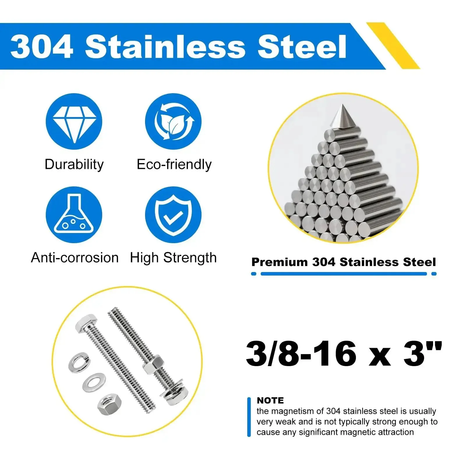 Heavy Duty 3/8-16 Hex Bolt Set Kit Five 3 Inch Stainless Steel 304 Right Hand Bolts With Nuts Flat Washers And Spring Lock Washers For DIY Fixes And Home Projects - Image 4