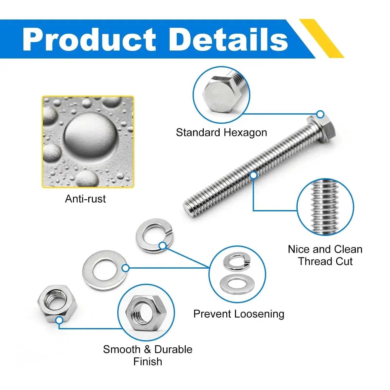 Heavy Duty 3/8-16 Hex Bolt Set Kit Five 3 Inch Stainless Steel 304 Right Hand Bolts With Nuts Flat Washers And Spring Lock Washers For DIY Fixes And Home Projects - Image 5