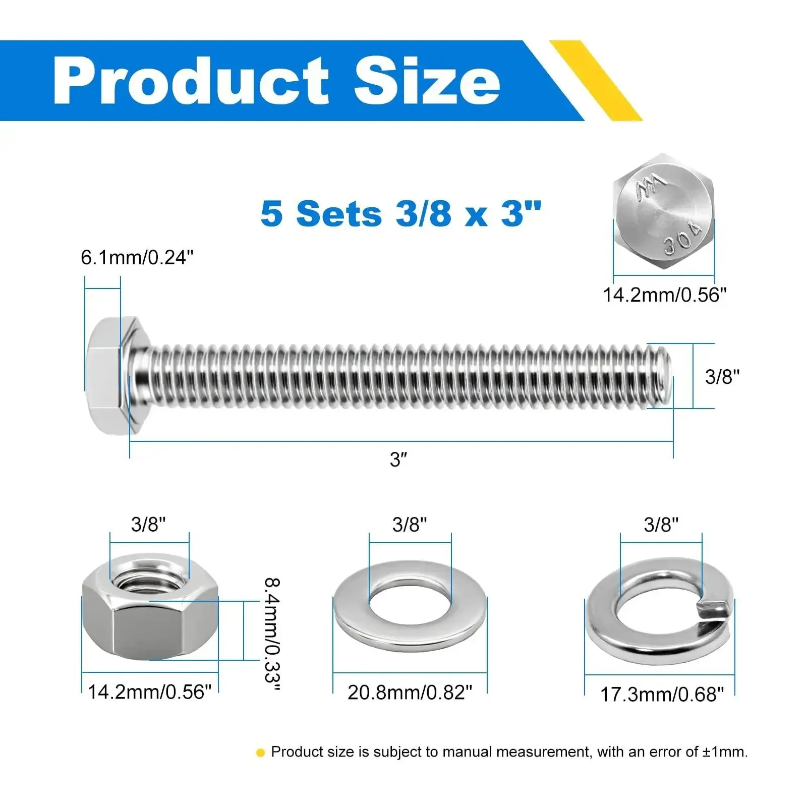 Heavy Duty 3/8-16 Hex Bolt Set Kit Five 3 Inch Stainless Steel 304 Right Hand Bolts With Nuts Flat Washers And Spring Lock Washers For DIY Fixes And Home Projects - Image 7
