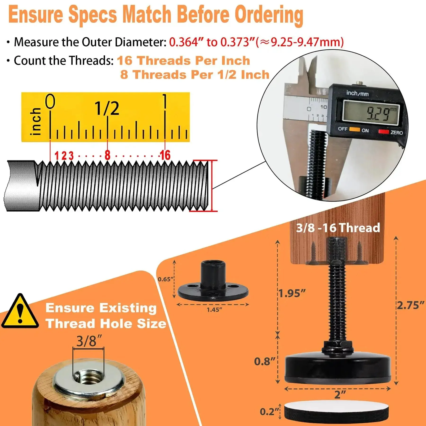 Heavy Duty 3/8-16 UNC Leveling Feet With 2 Inch Base Diameter For Tables Chairs Cabinets And Sofas, 1600 Lb Load Capacity, Black Finish, 4 Pack, Adjustable Furniture Levelers For Home Improvement - Image 7