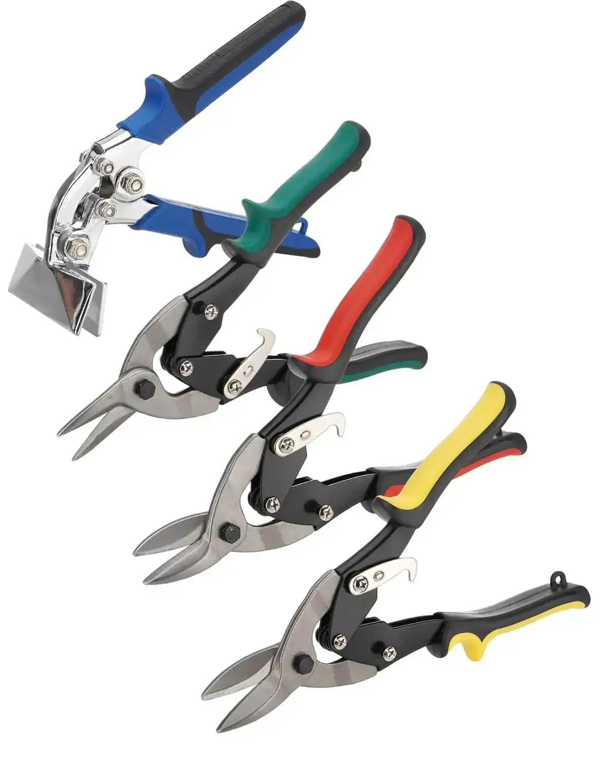 Heavy-Duty 4-Piece Tin Snips And Sheet Metal Bender Set, 10-Inch Left Right Straight Aviation Snips Plus 3-Inch Offset Hand Seamer, Ergonomic Handles With Safety Latch, 60CrV Steel, Cuts 18-Gauge Steel And 22-Gauge Stainless