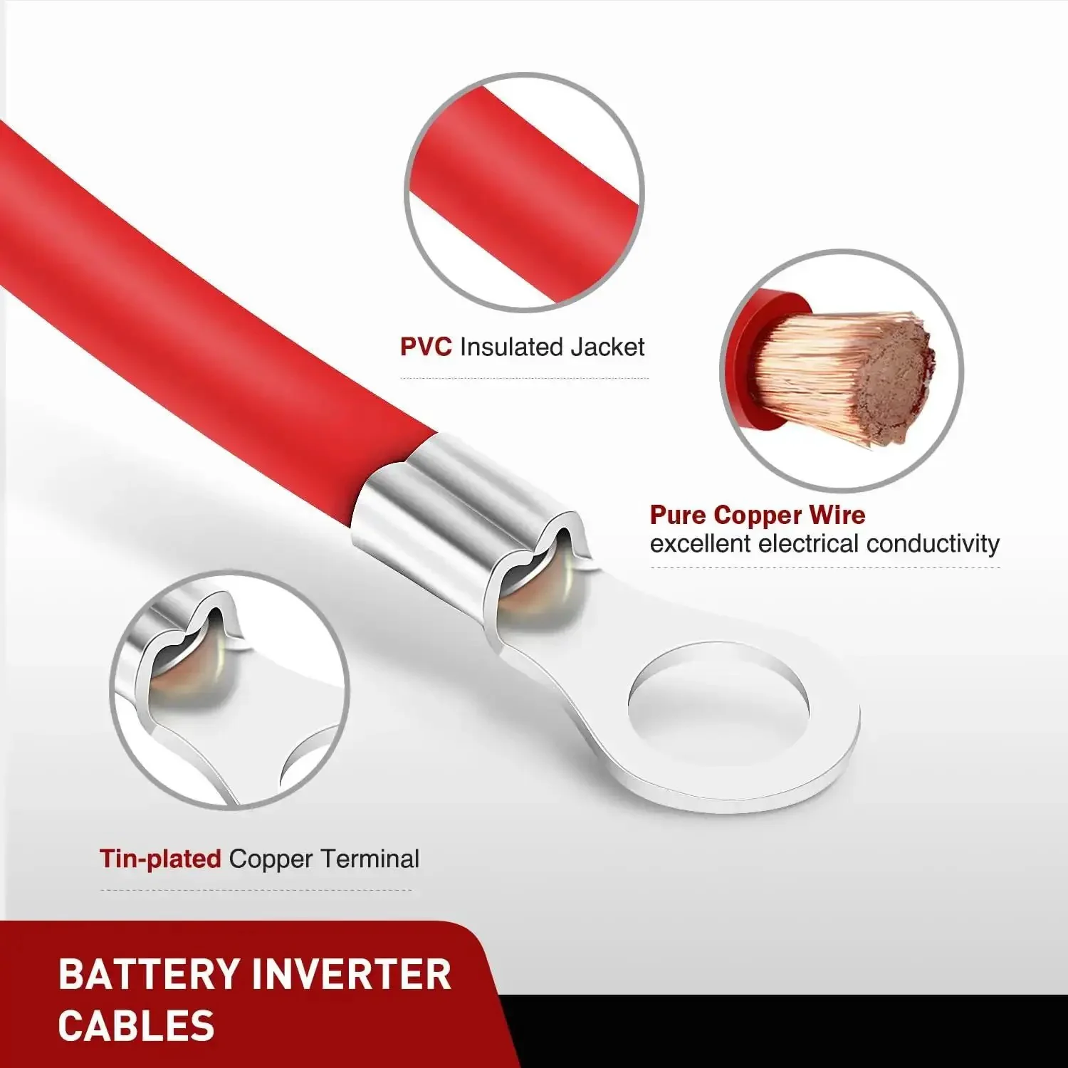 Heavy Duty 6 AWG 20 Inch Battery Power Inverter Cables Set With Tin Plated Copper Terminals And Three Eighth Inch Lugs, Oxygen Free Wires For Solar, Motorcycle, Automotive Cars, Red And Black Pro Grade - Image 6