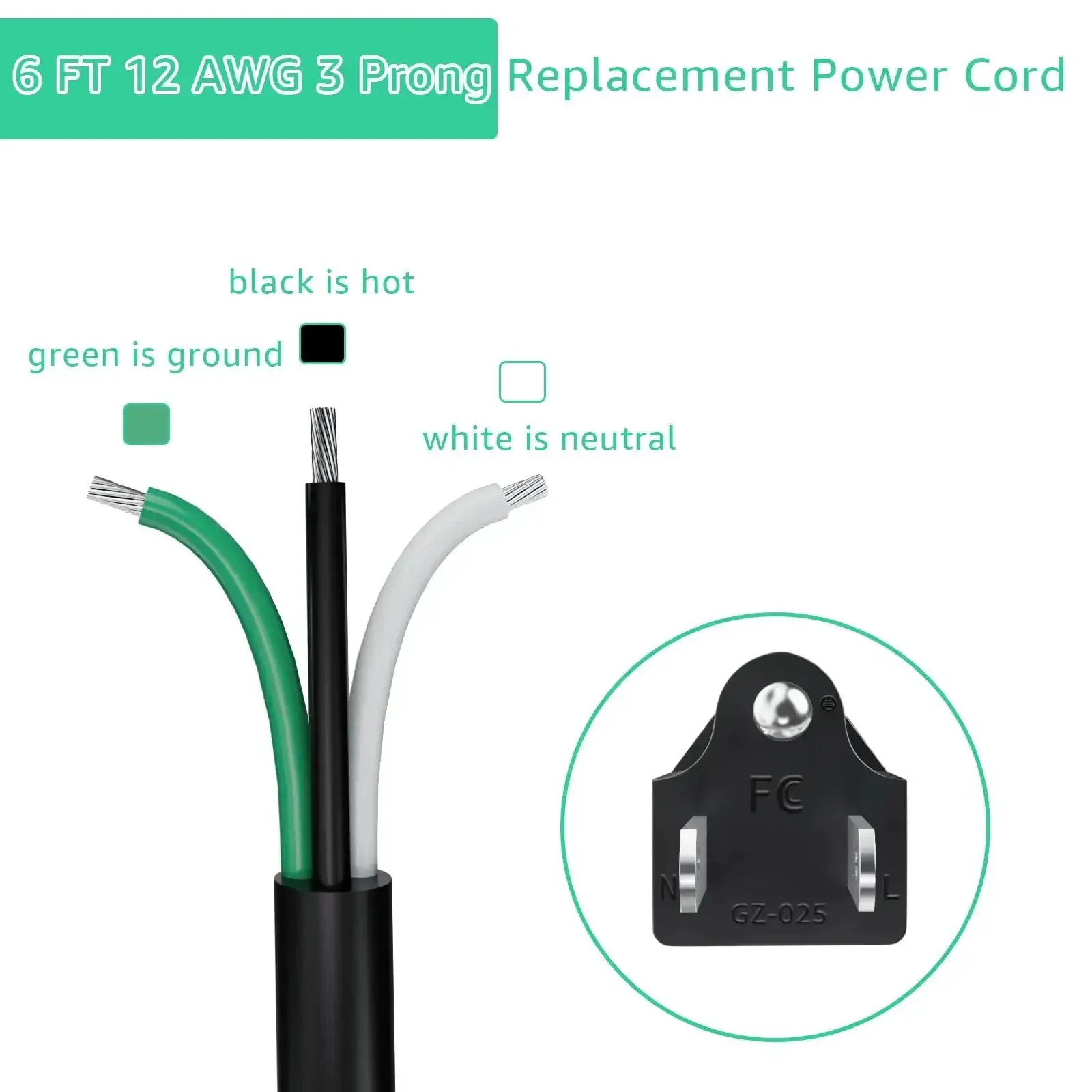 Heavy Duty 6 Foot 12 Gauge 3 Prong Replacement Power Cord Cable 110V 120V 15 Amp Plug For Appliances Power Tools And Dishwashers 12 AWG 3 Conductor Wire Pigtail - Image 5