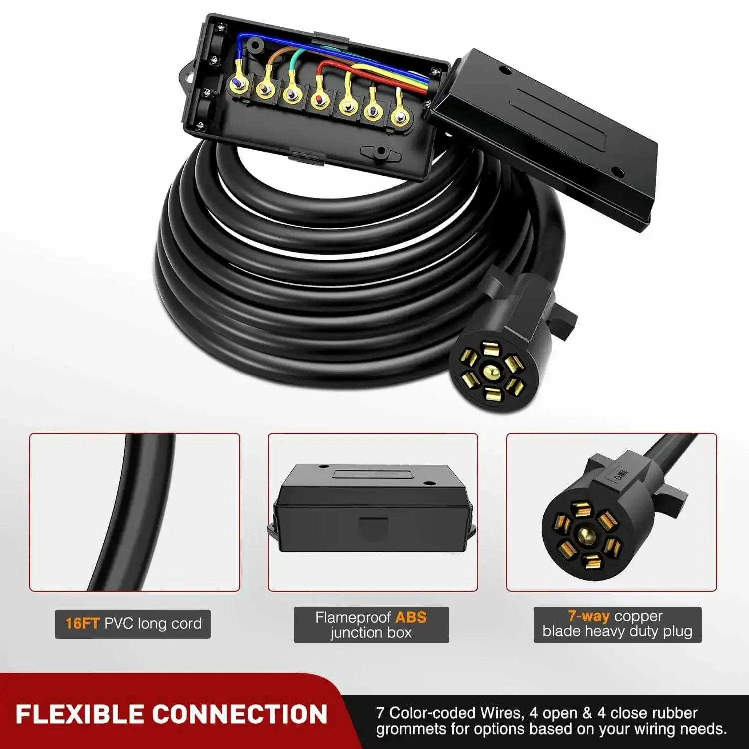 Heavy Duty 7 Way Inline Trailer Plug With 16 Feet Copper Blade Connector Cable Wiring Harness And Weatherproof 7 Pole Junction Box Easy To Install Ideal For RVs Cars Trailers And Trucks - Image 3