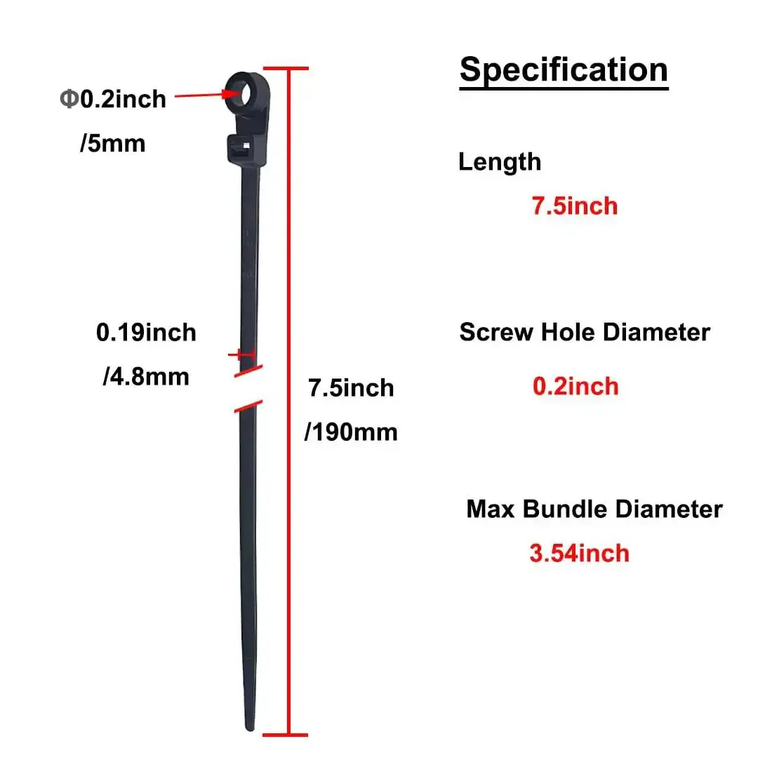 Heavy Duty 7.5 Inch Zip Ties With Mounting Screw Holes, UV Resistant Nylon 66, 50 Lbs Tensile, 100 Pack, Self Locking Cable Ties For Electrical And Outdoor Use, Mount Head Ties With 5 mm Screw Holes - Image 5