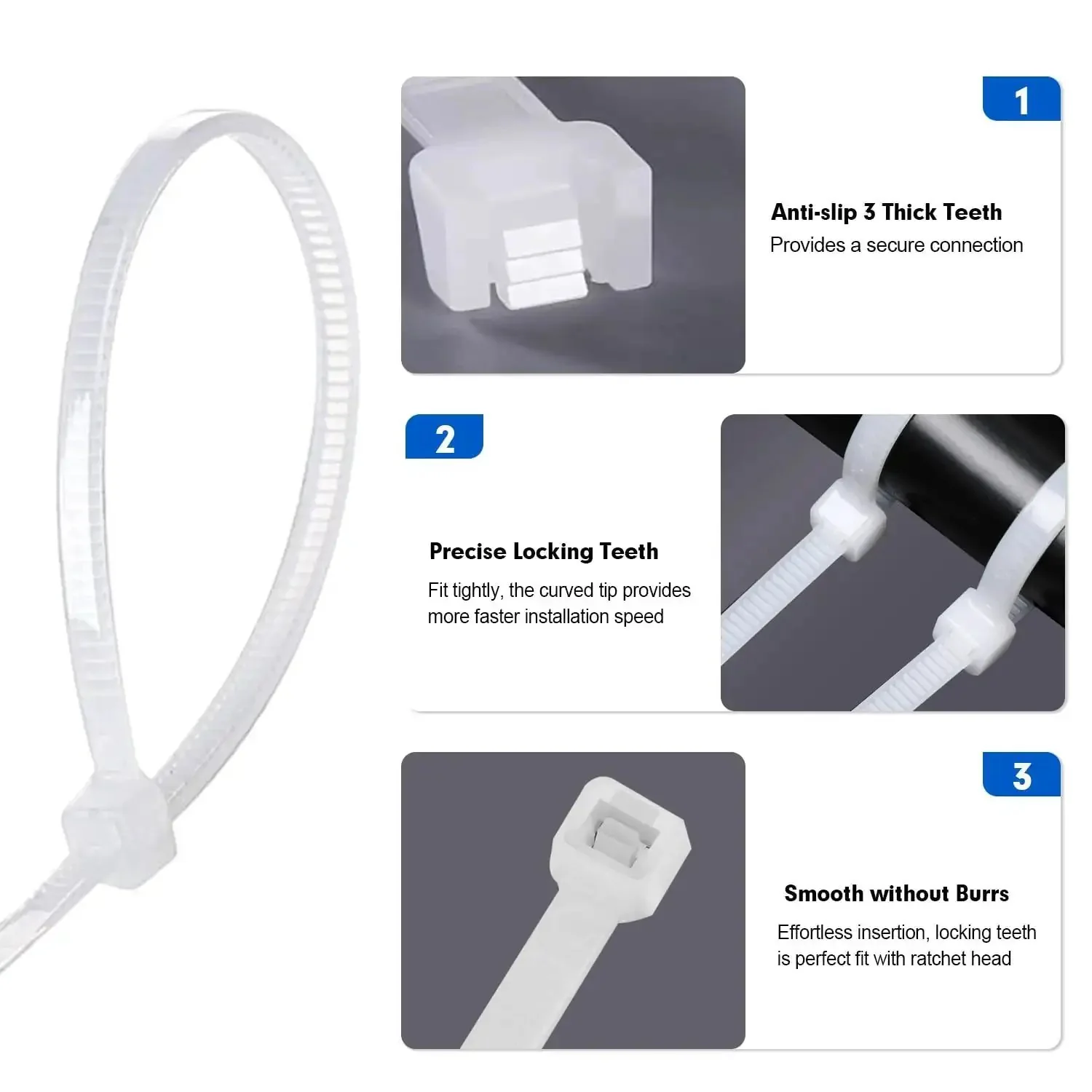 Heavy Duty 8 Inch Nylon Cable Ties, 1200 Pack, Self Locking White Plastic Wire Ties With 50Lb Tensile Strength, Weatherproof Indoor Outdoor Zip Ties For Cable Management - Image 5