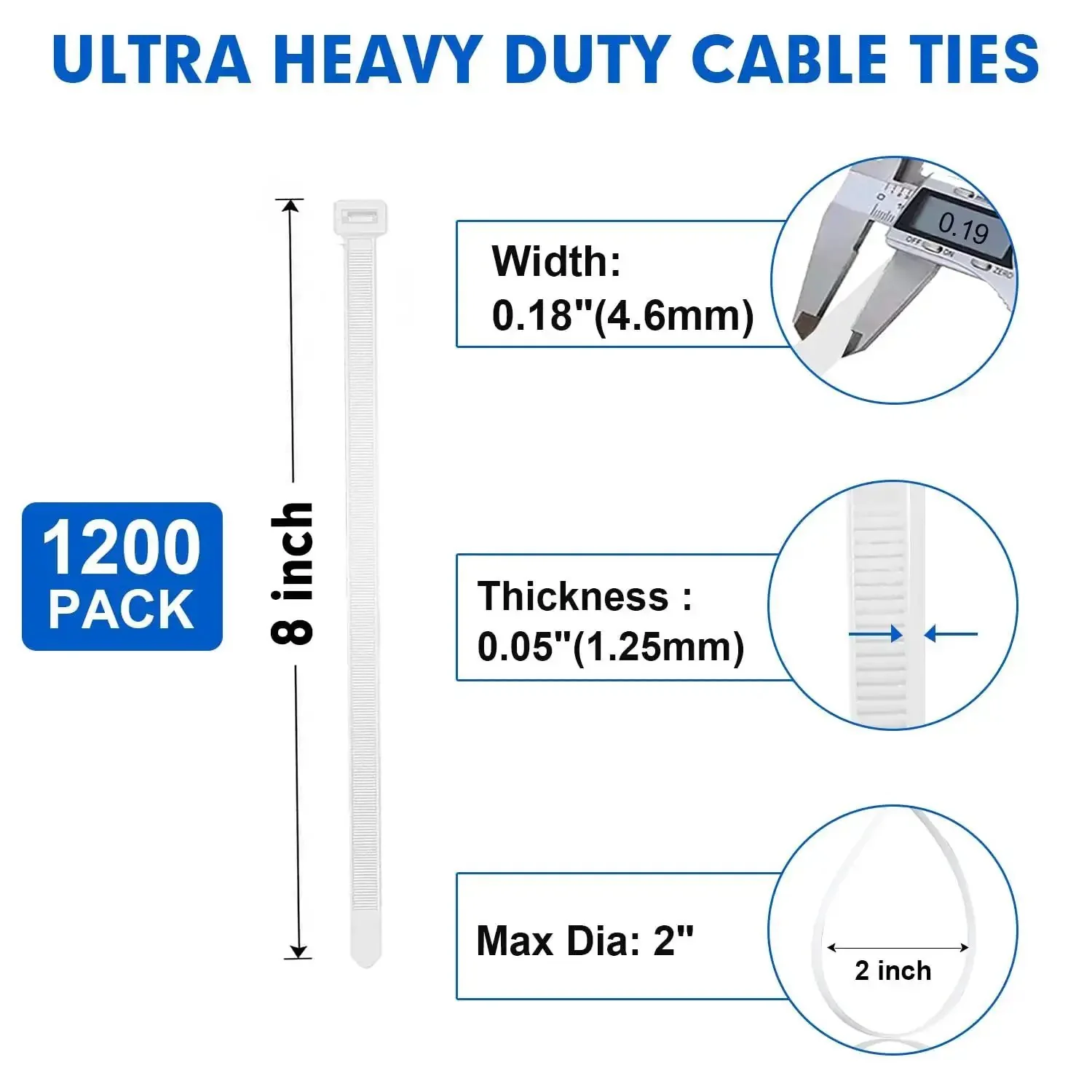 Heavy Duty 8 Inch Nylon Cable Ties, 1200 Pack, Self Locking White Plastic Wire Ties With 50Lb Tensile Strength, Weatherproof Indoor Outdoor Zip Ties For Cable Management - Image 7