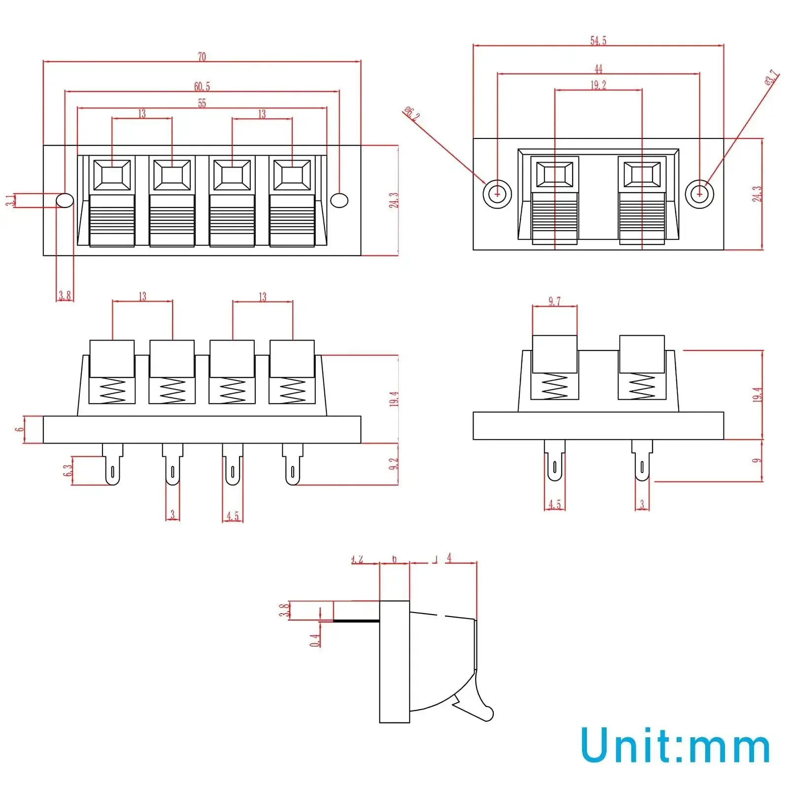 Heavy Duty 8A Four Way Speaker Terminal Block With Four Terminals Four Positions Double Sided Copper Clips Red And Black Pack Of 5 Push Release Spring Clip Connectors For High Current Audio Wiring And Easy Test Clamps - Image 4