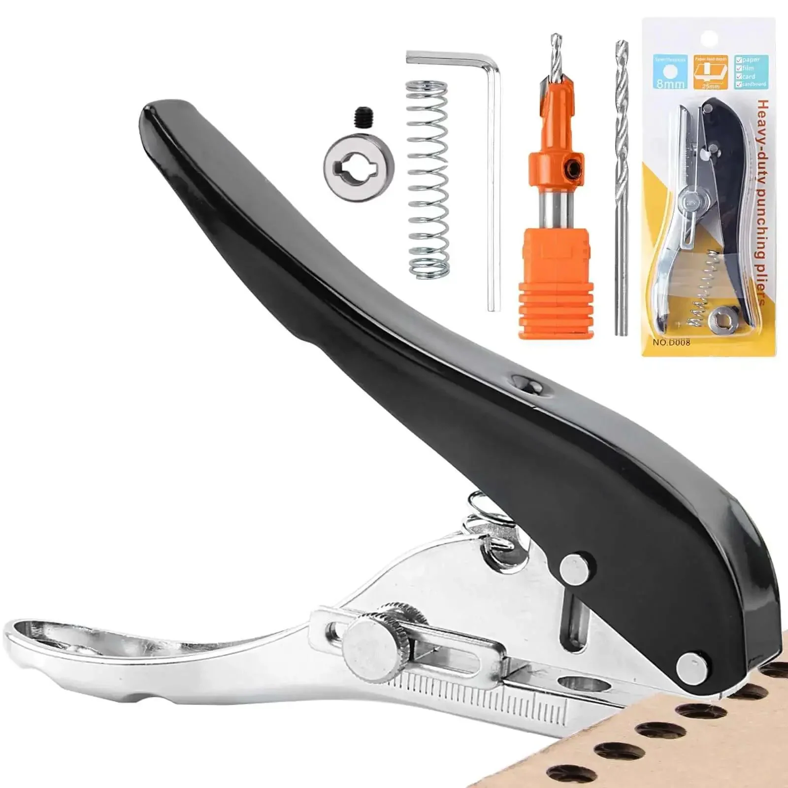Heavy Duty 8mm Adjustable Single Hole Punch Set With Wood Countersink Drill Bit For Circle Holes In Woodworking Crafts Cards Tags Plastic And Cardboard Handheld Punch Tool For DIYers