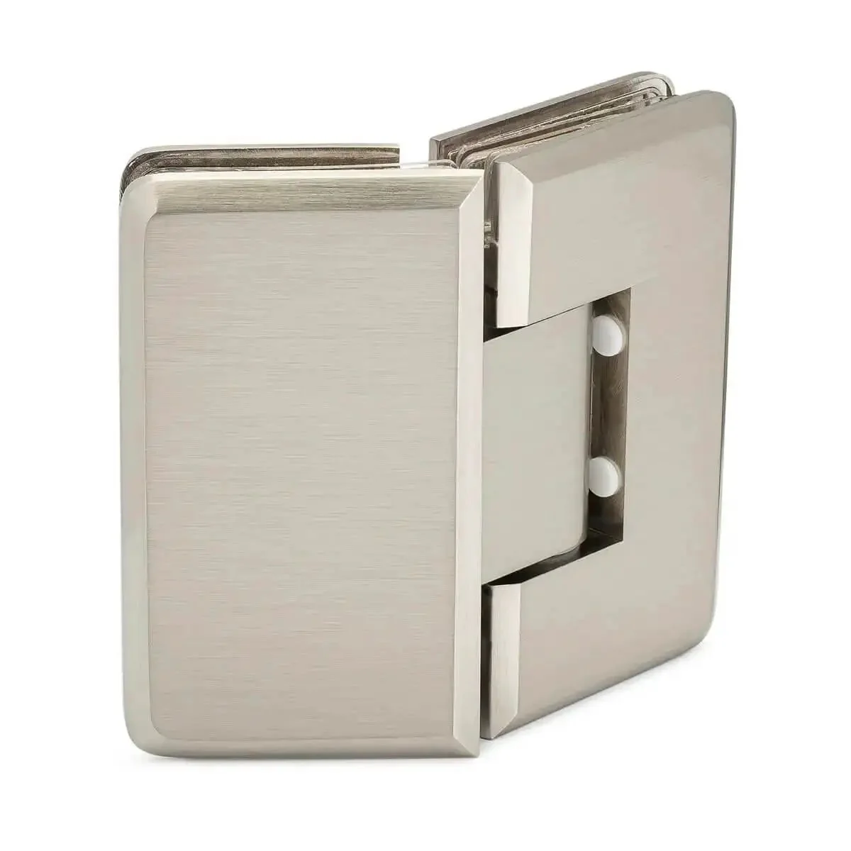 Heavy Duty Adjustable 135 Degree Glass To Glass Hinge In Brushed Nickel For Three Eighths To One Half Inch Glass Doors Up To 36 Inches Wide And 150 Pounds Self Closing Within About 25 Degrees Of Final Close Durable Easy Install